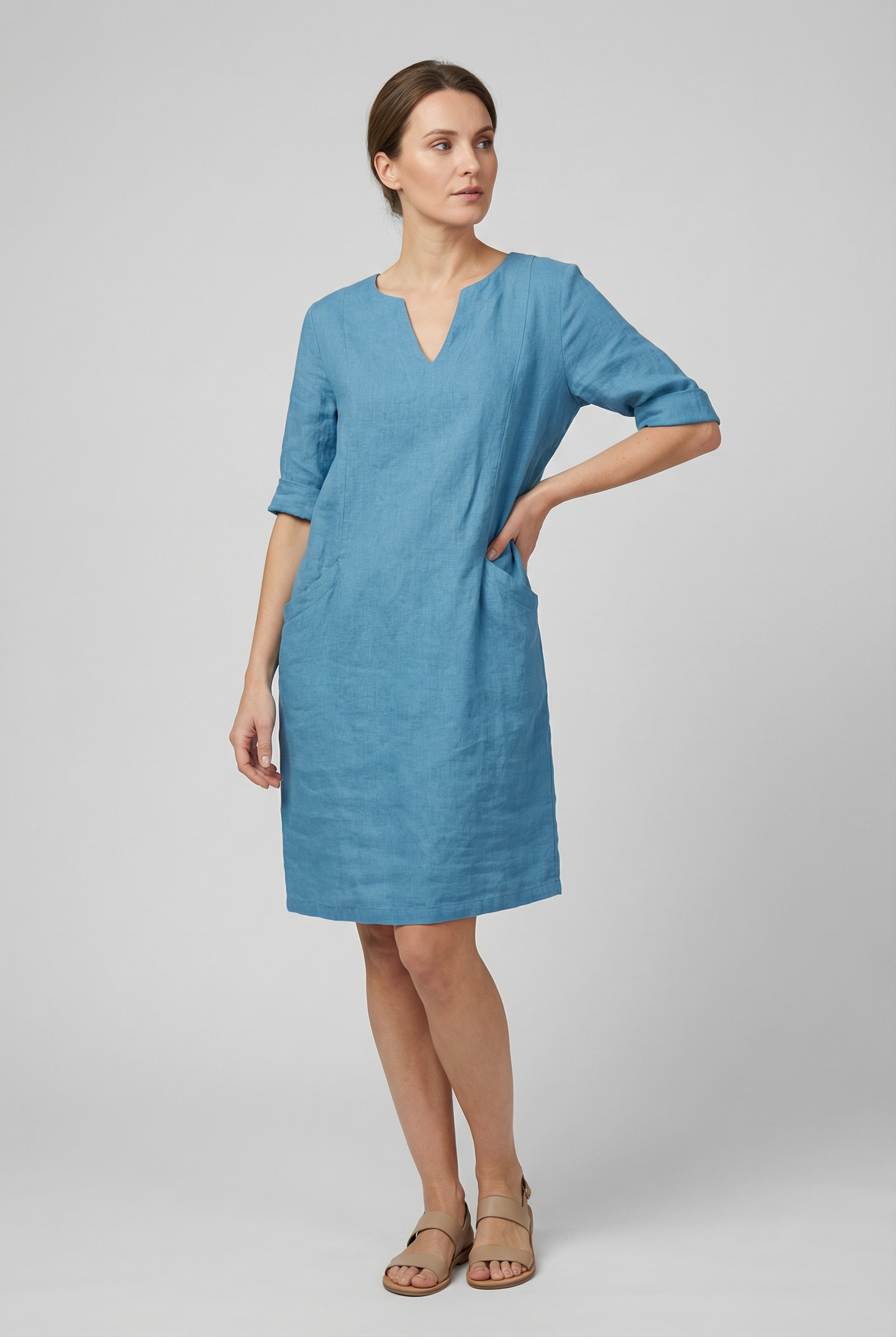 Women's Dress Cotton Linen V-Neck Three Quarter Sleeve Casual Summer Mini Dress