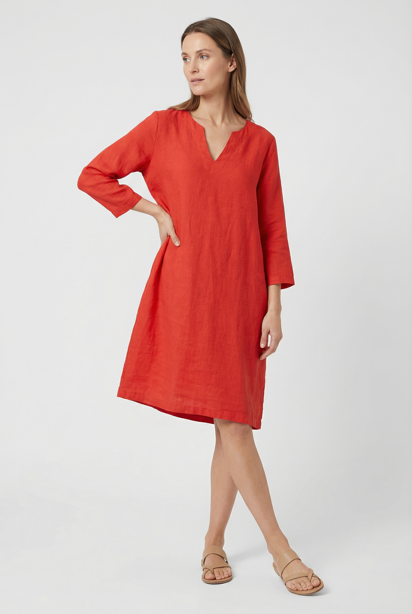 Women's Dress Cotton Linen V-Neck Three Quarter Sleeve Casual Summer Mini Dress