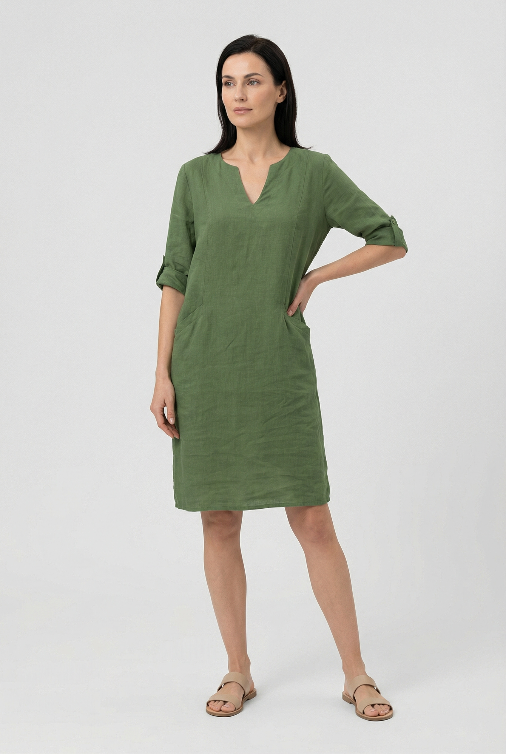 Women's Dress Cotton Linen V-Neck Three Quarter Sleeve Casual Summer Mini Dress