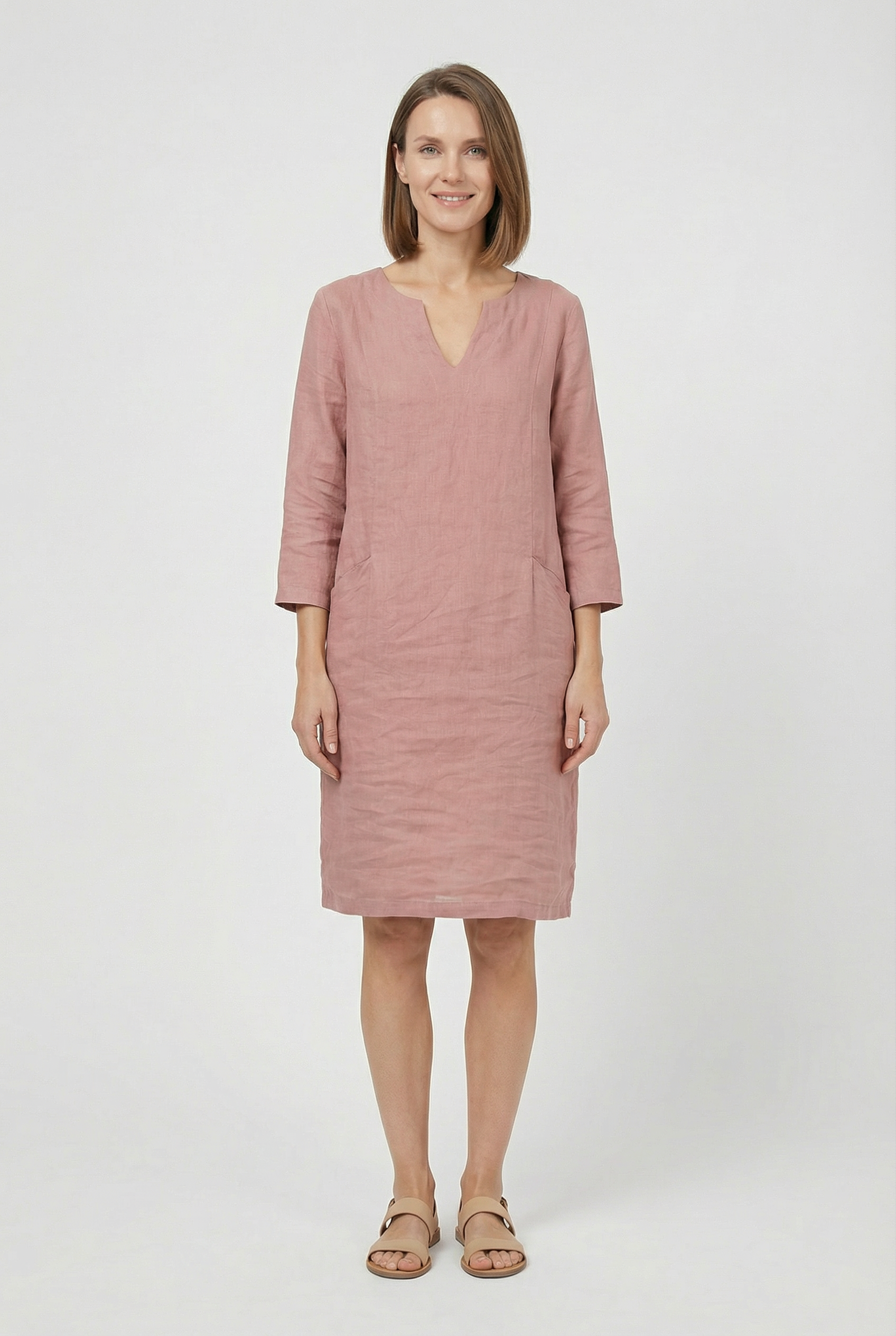Women's Dress Cotton Linen V-Neck Three Quarter Sleeve Casual Summer Mini Dress