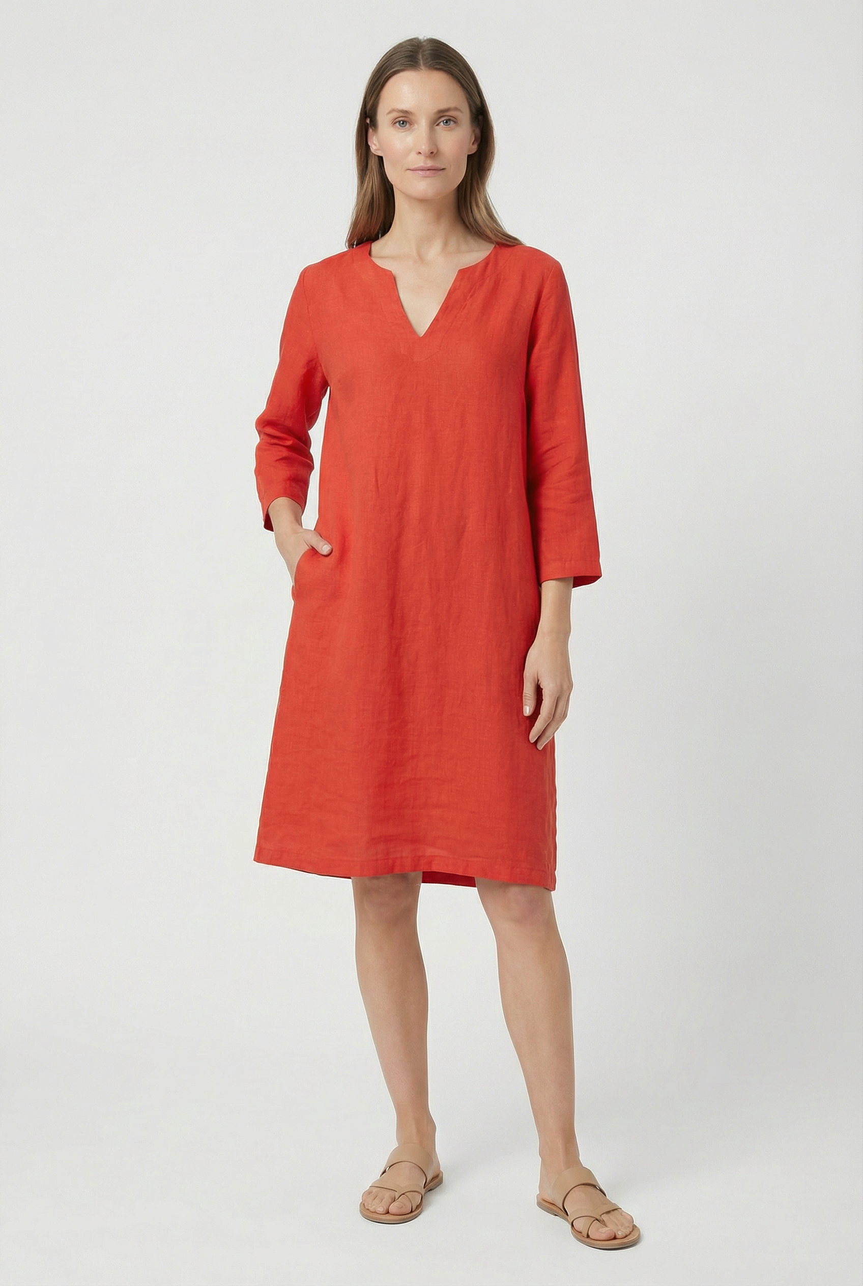 Women's Dress Cotton Linen V-Neck Three Quarter Sleeve Casual Summer Mini Dress