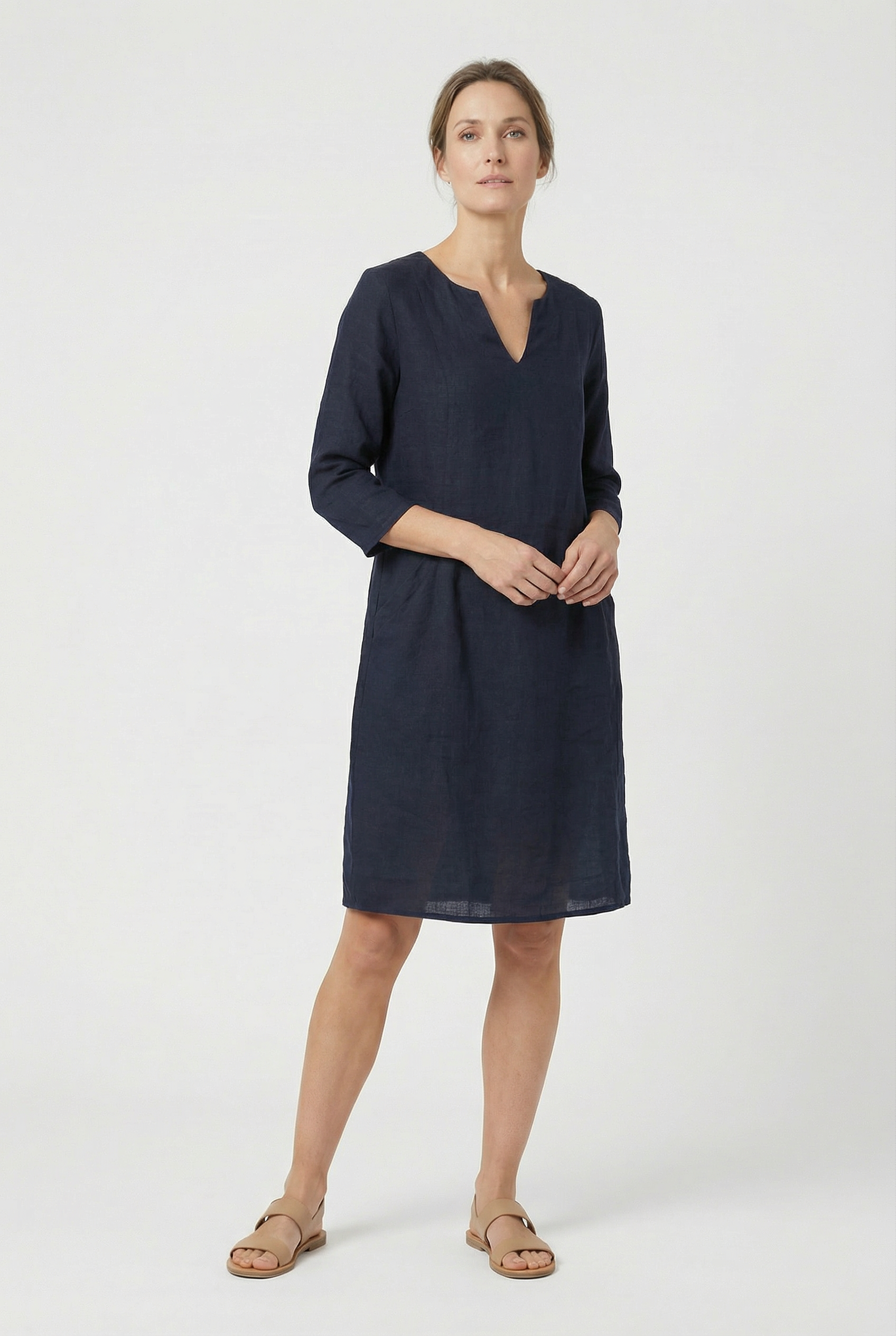Women's Dress Cotton Linen V-Neck Three Quarter Sleeve Casual Summer Mini Dress