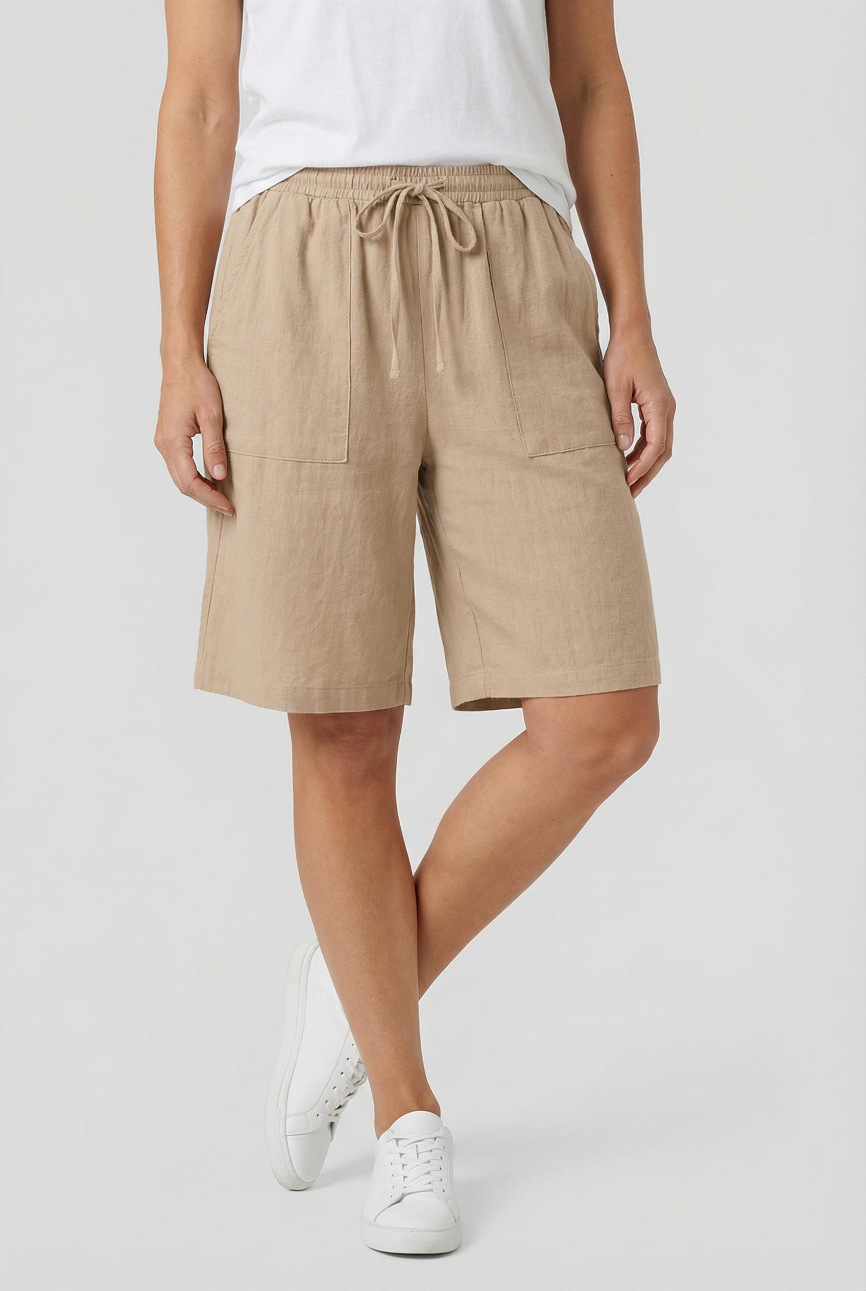 Women's Bermuda Shorts Cotton Relaxed Fit with Tie Belt and Pockets