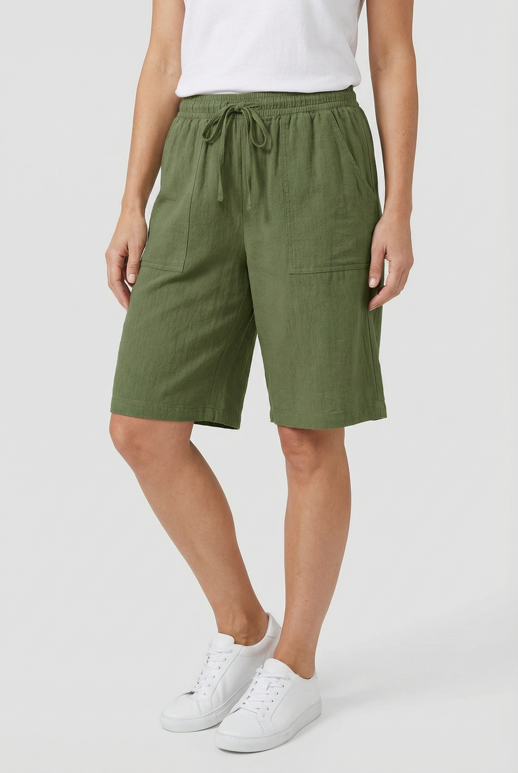 Women's Bermuda Shorts Cotton Relaxed Fit with Tie Belt and Pockets