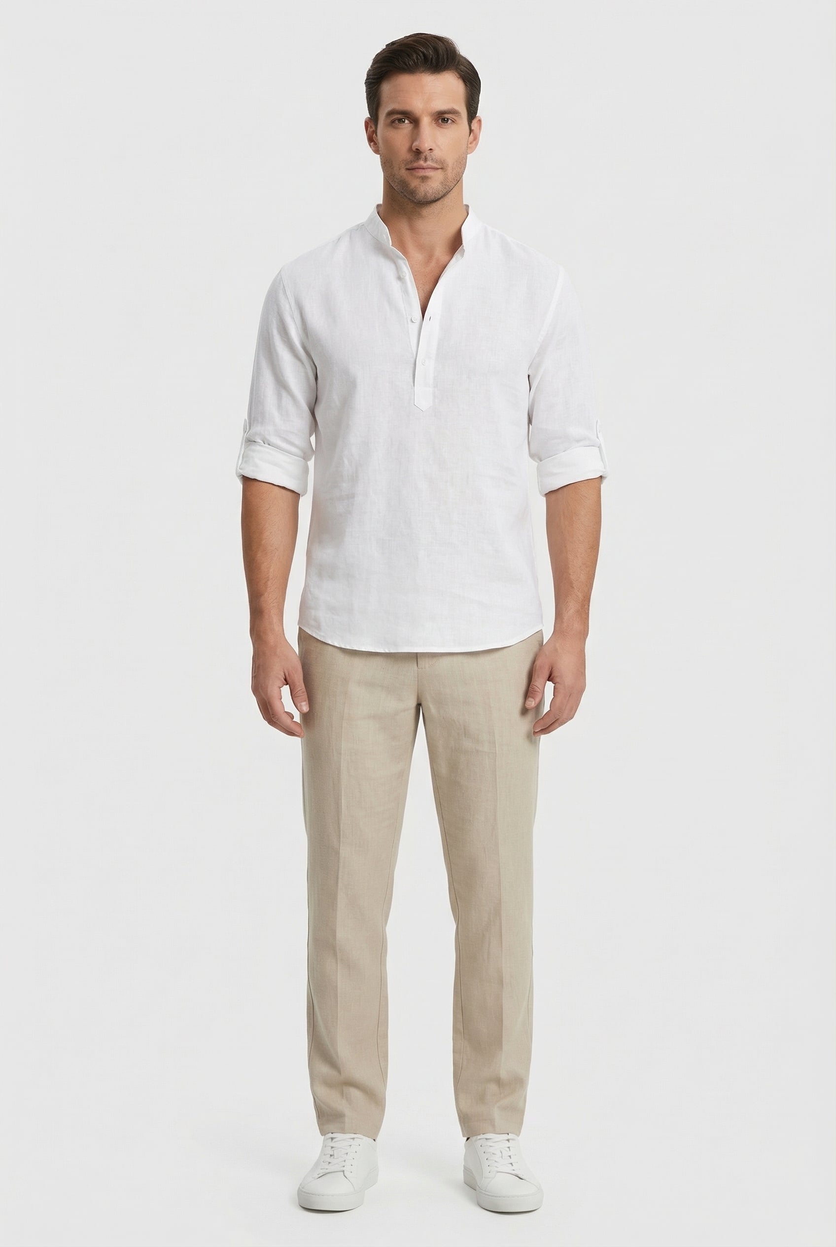 Men's Shirt Lightweight Linen Relaxed Fit Mandarin Collar Casual