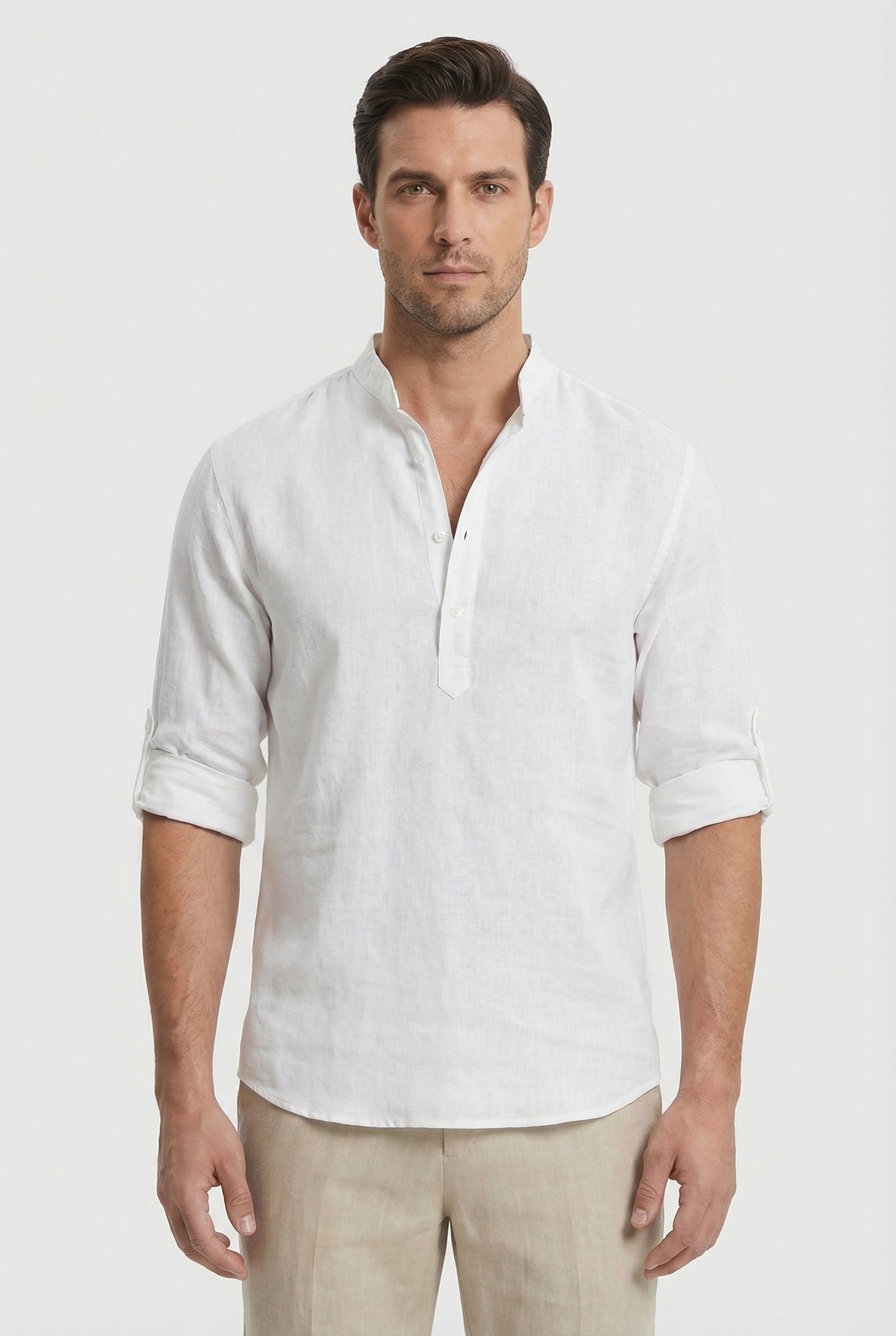 Men's Shirt Lightweight Linen Relaxed Fit Mandarin Collar Casual