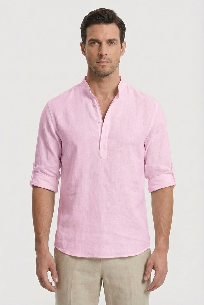 Men's Shirt Lightweight Linen Relaxed Fit Mandarin Collar Casual