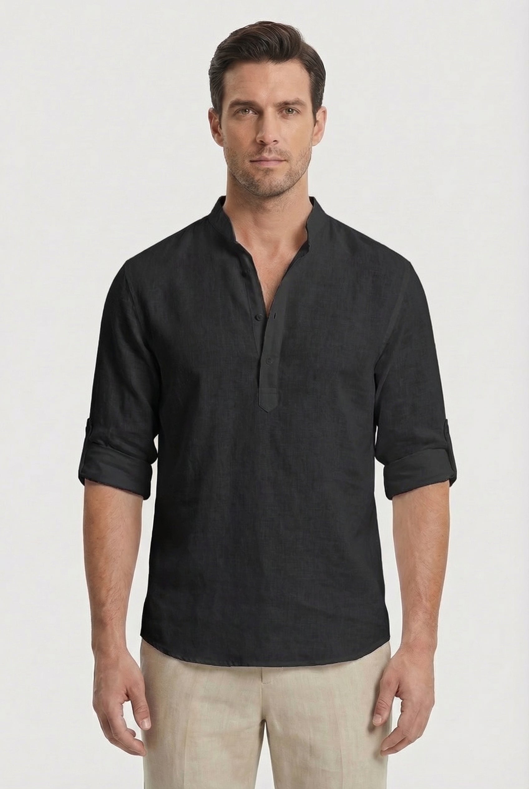Men's Shirt Lightweight Linen Relaxed Fit Mandarin Collar Casual