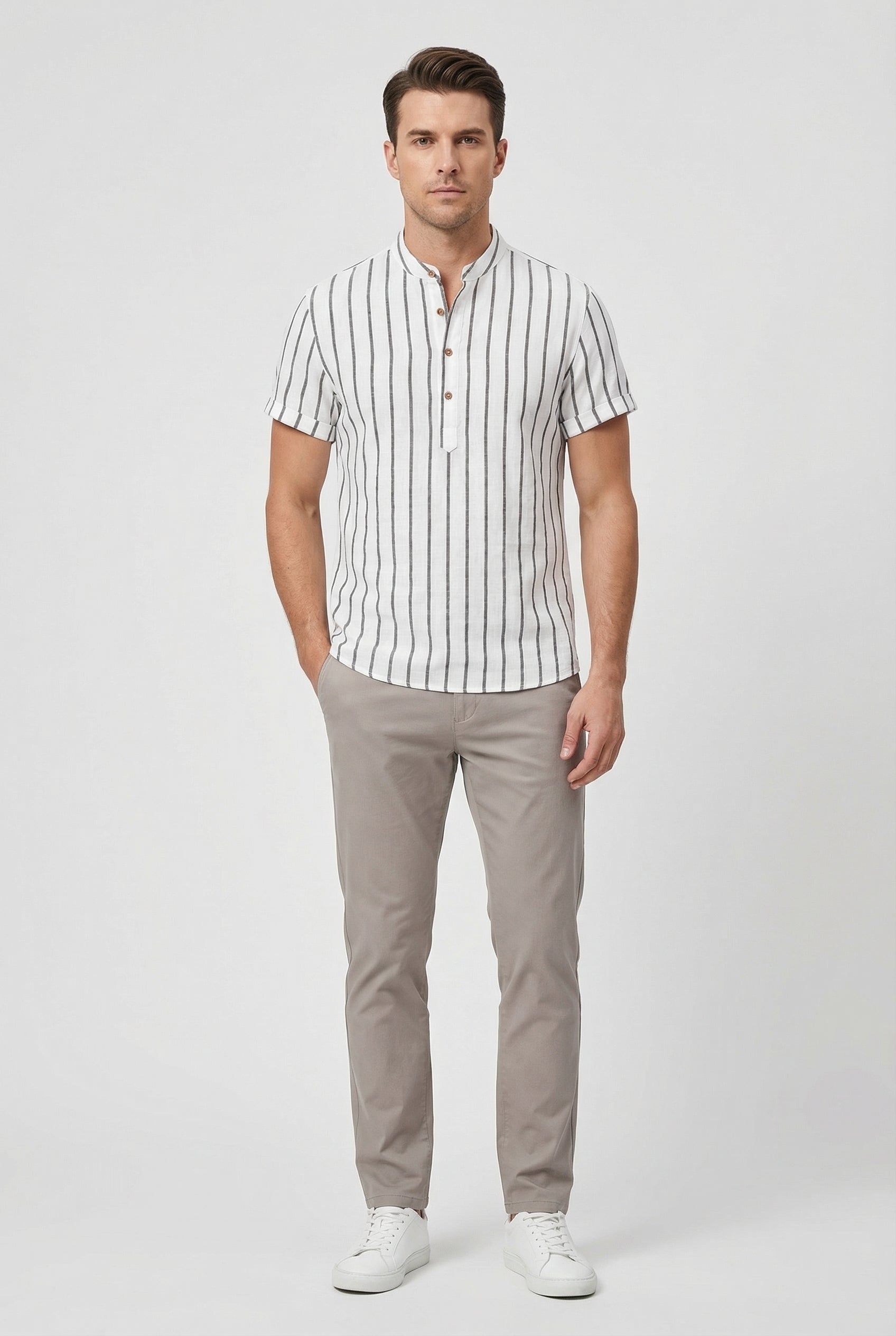 Men's Shirt Cotton Striped Short Sleeve Mandarin Collar Casual Summer