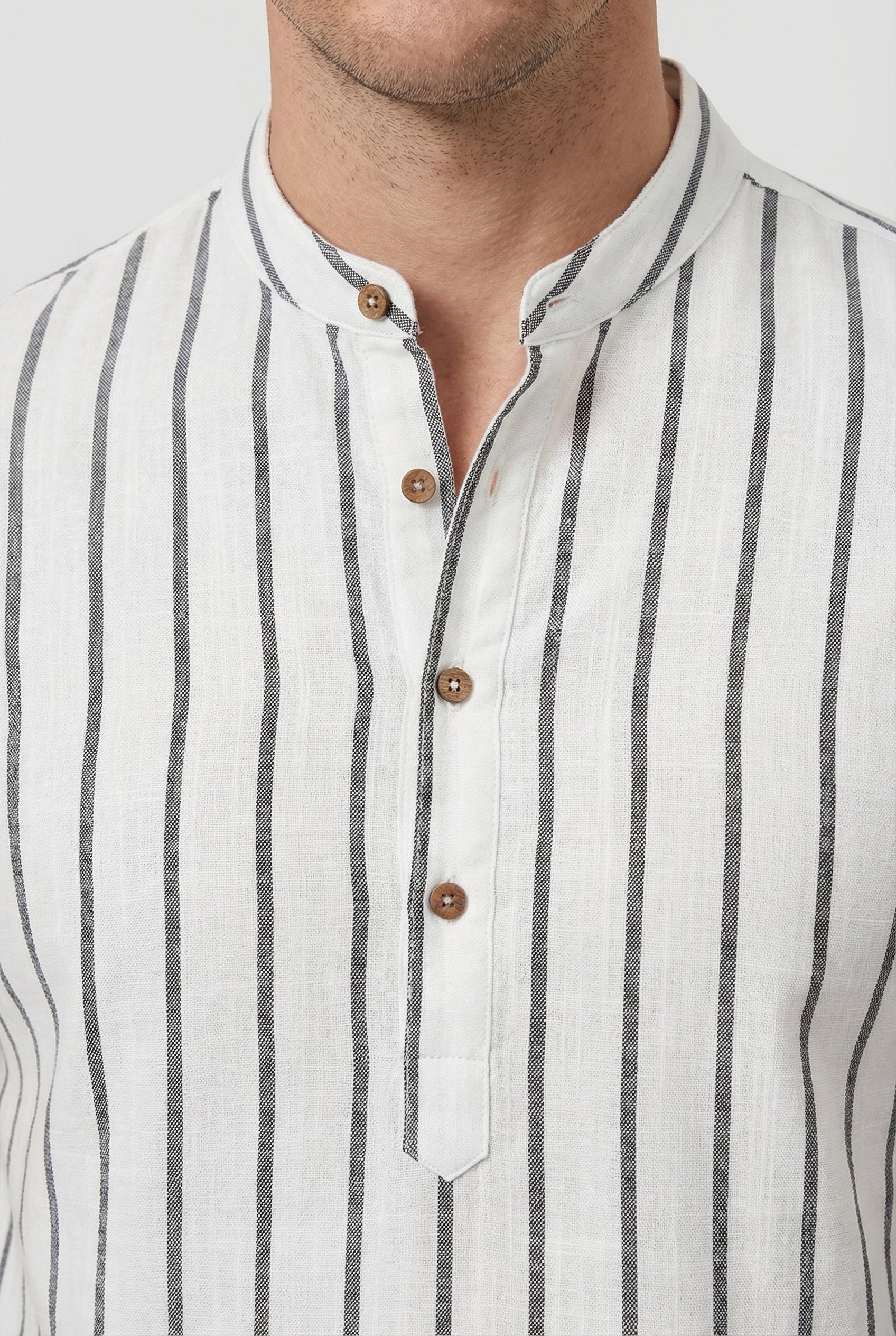 Men's Shirt Cotton Striped Short Sleeve Mandarin Collar Casual Summer