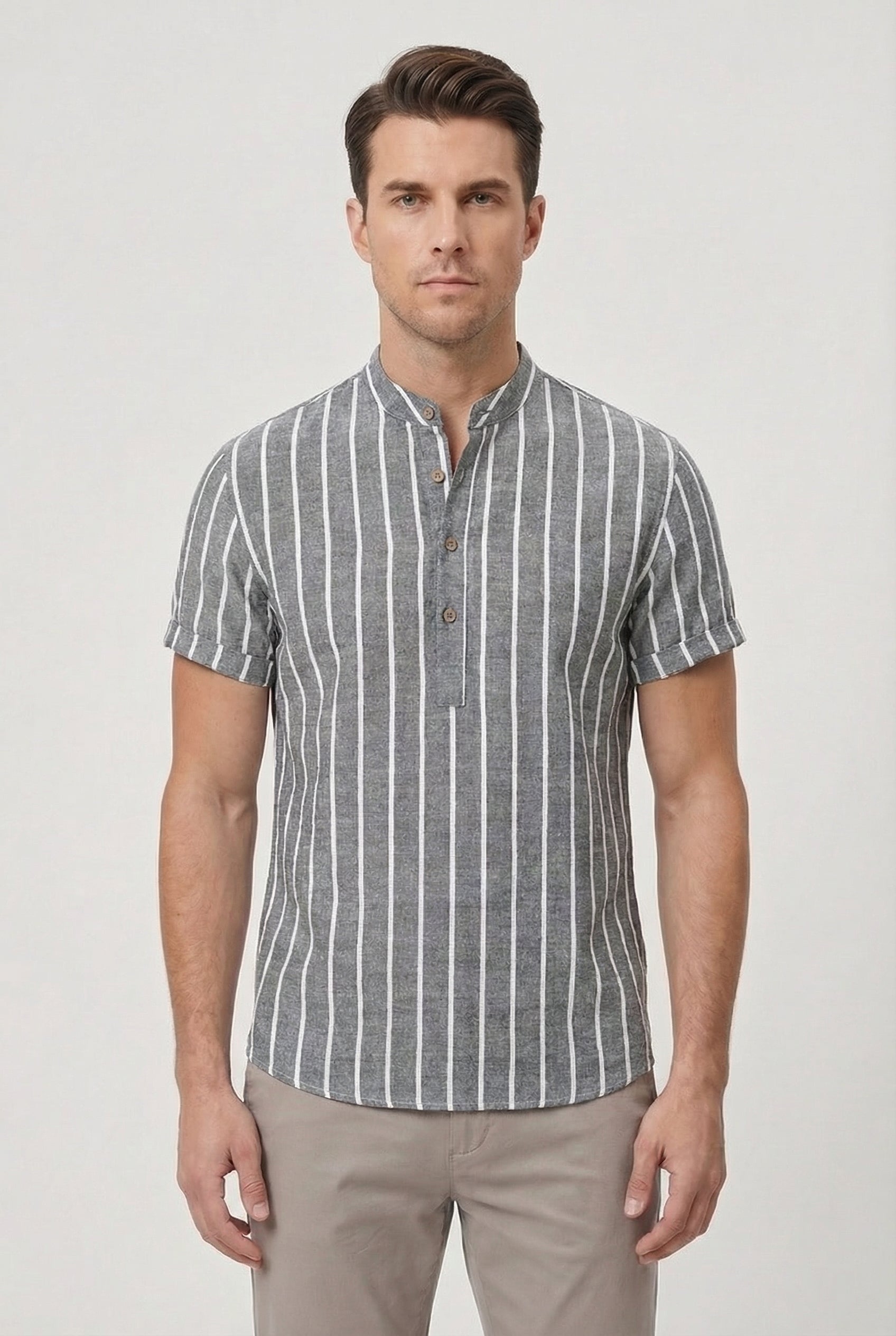 Men's Shirt Cotton Striped Short Sleeve Mandarin Collar Casual Summer