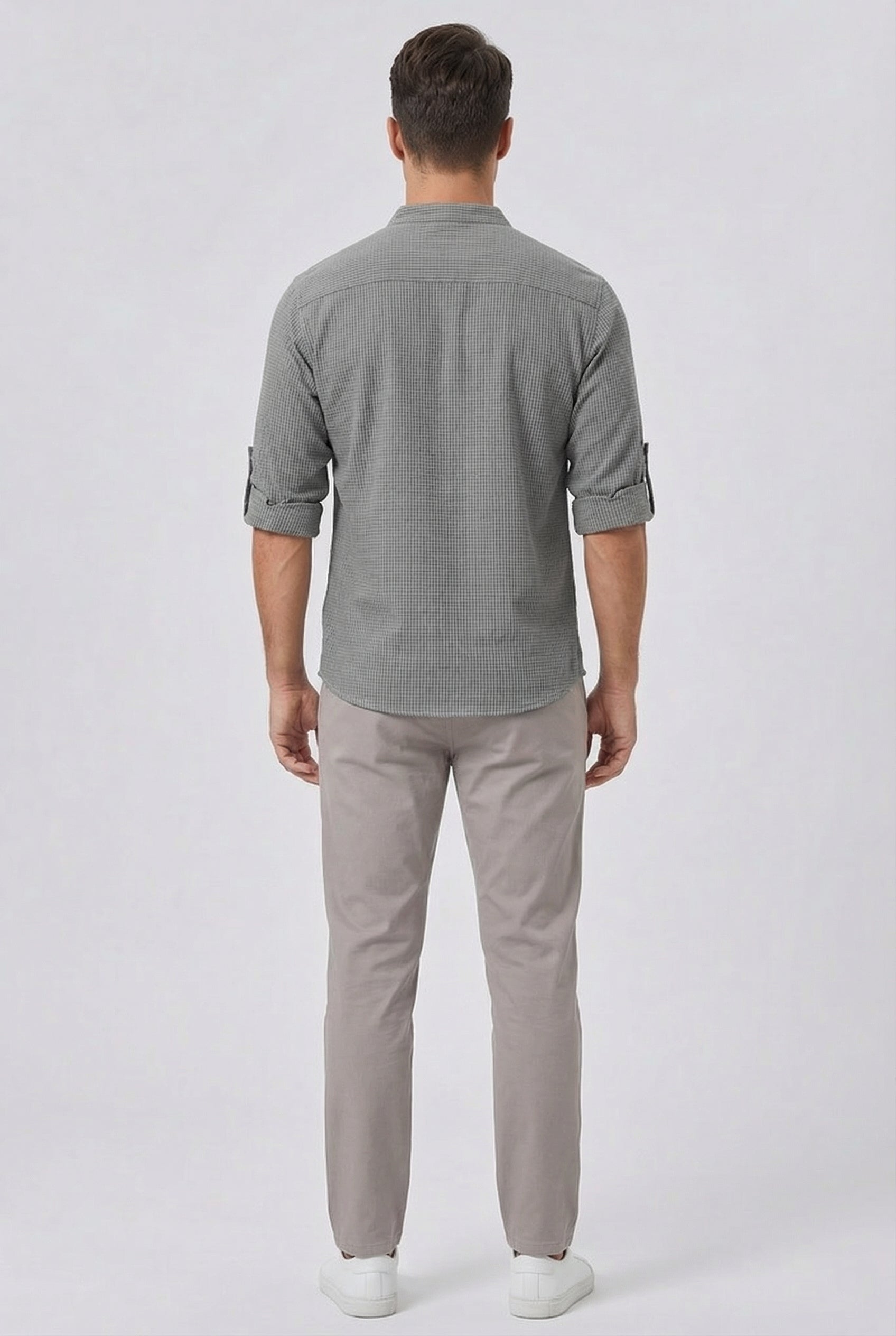 Men's Shirt Cotton Linen Blend Tailored Fit Mandarin Collar Roll-Up Sleeves