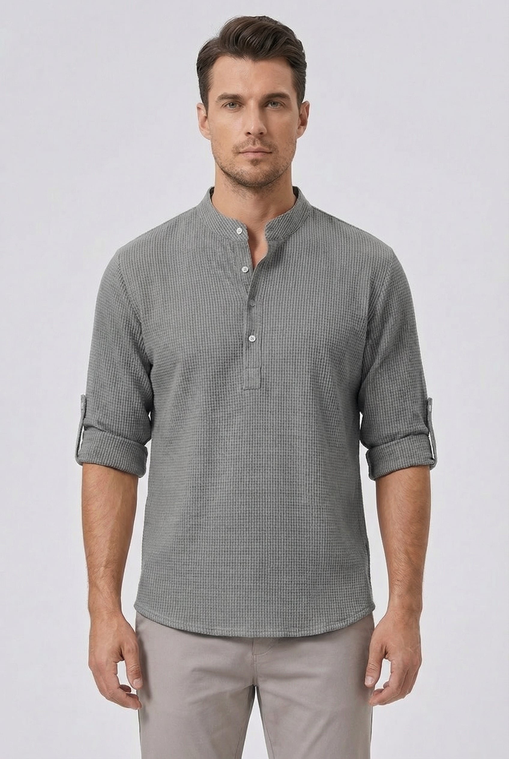 Men's Shirt Cotton Linen Blend Tailored Fit Mandarin Collar Roll-Up Sleeves