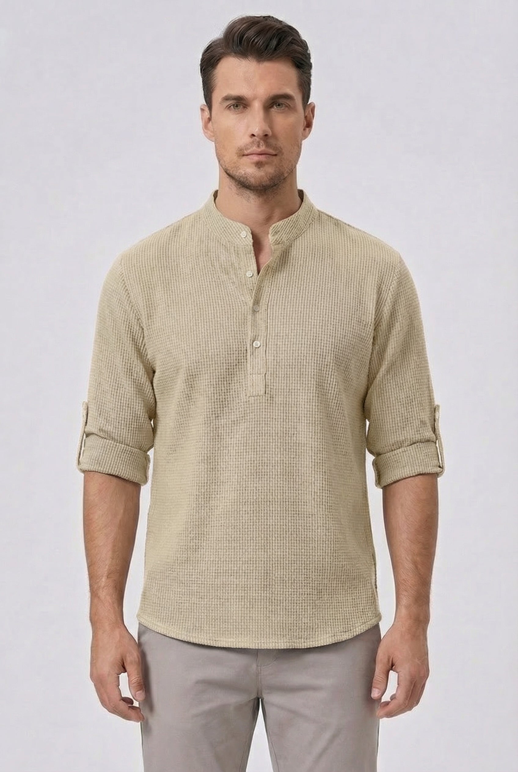 Men's Shirt Cotton Linen Blend Tailored Fit Mandarin Collar Roll-Up Sleeves