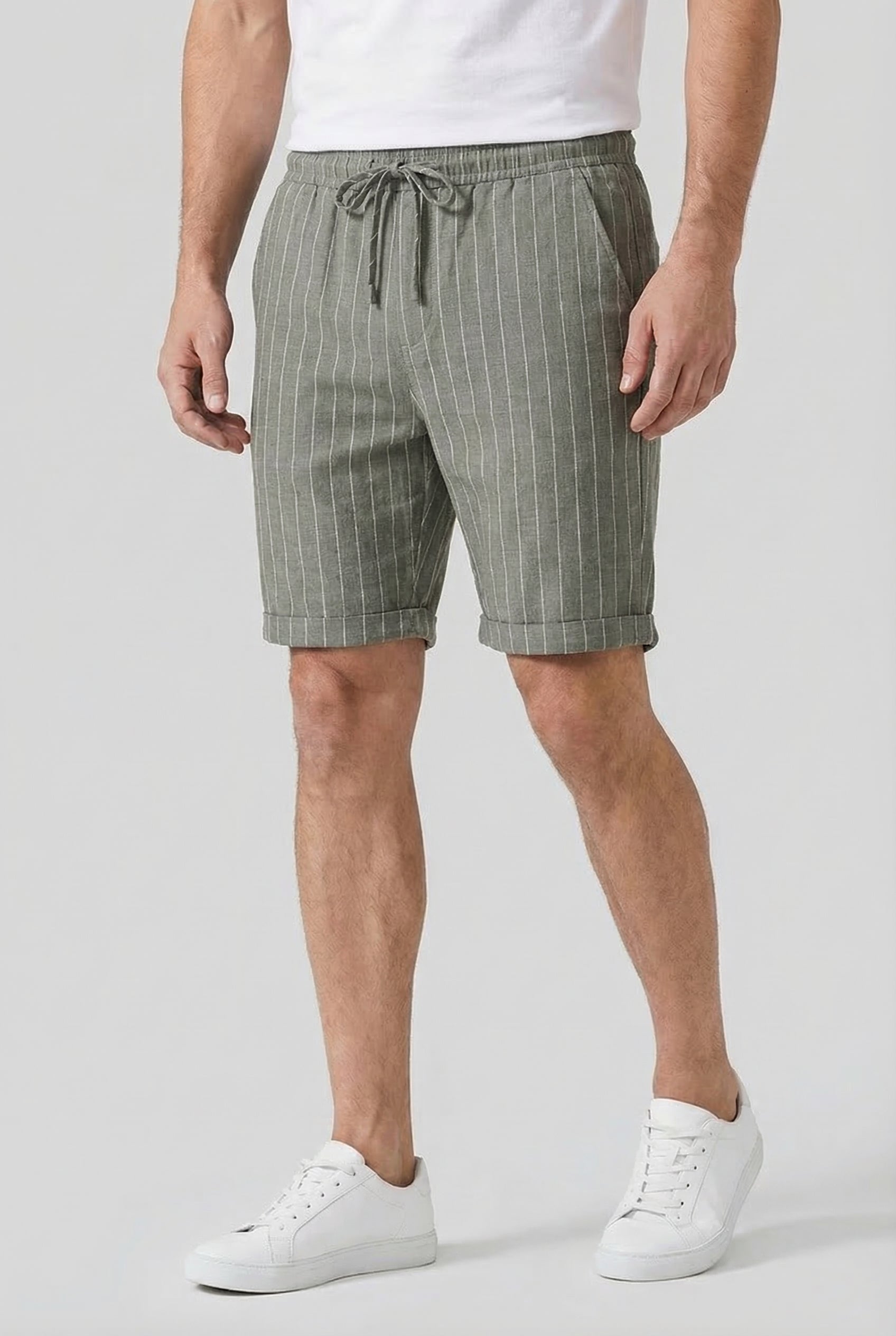 Men's Shorts Linen-Blend Fabric Pinstripe Design Adjustable Drawstring Elastic Waistband