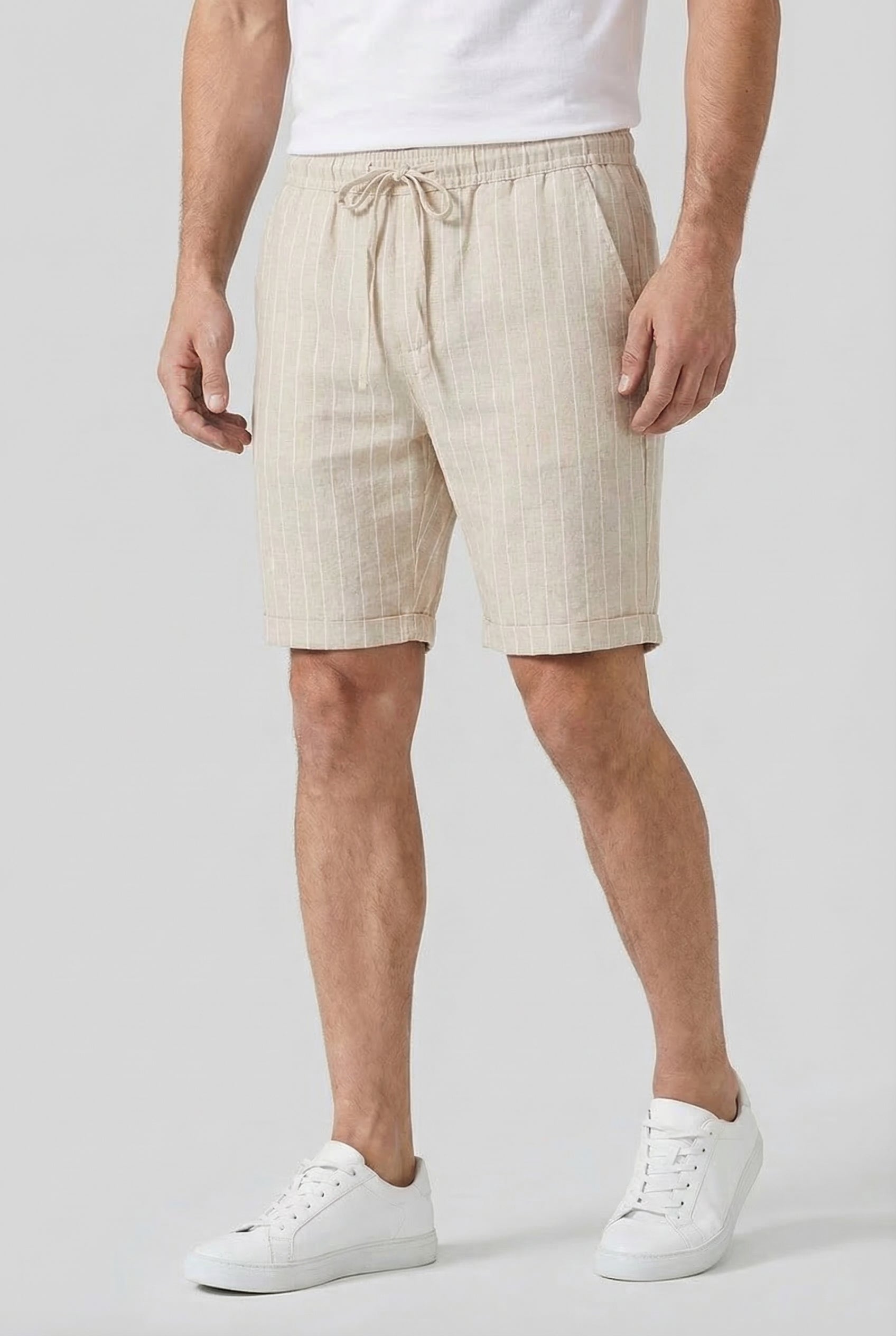 Men's Shorts Linen-Blend Fabric Pinstripe Design Adjustable Drawstring Elastic Waistband
