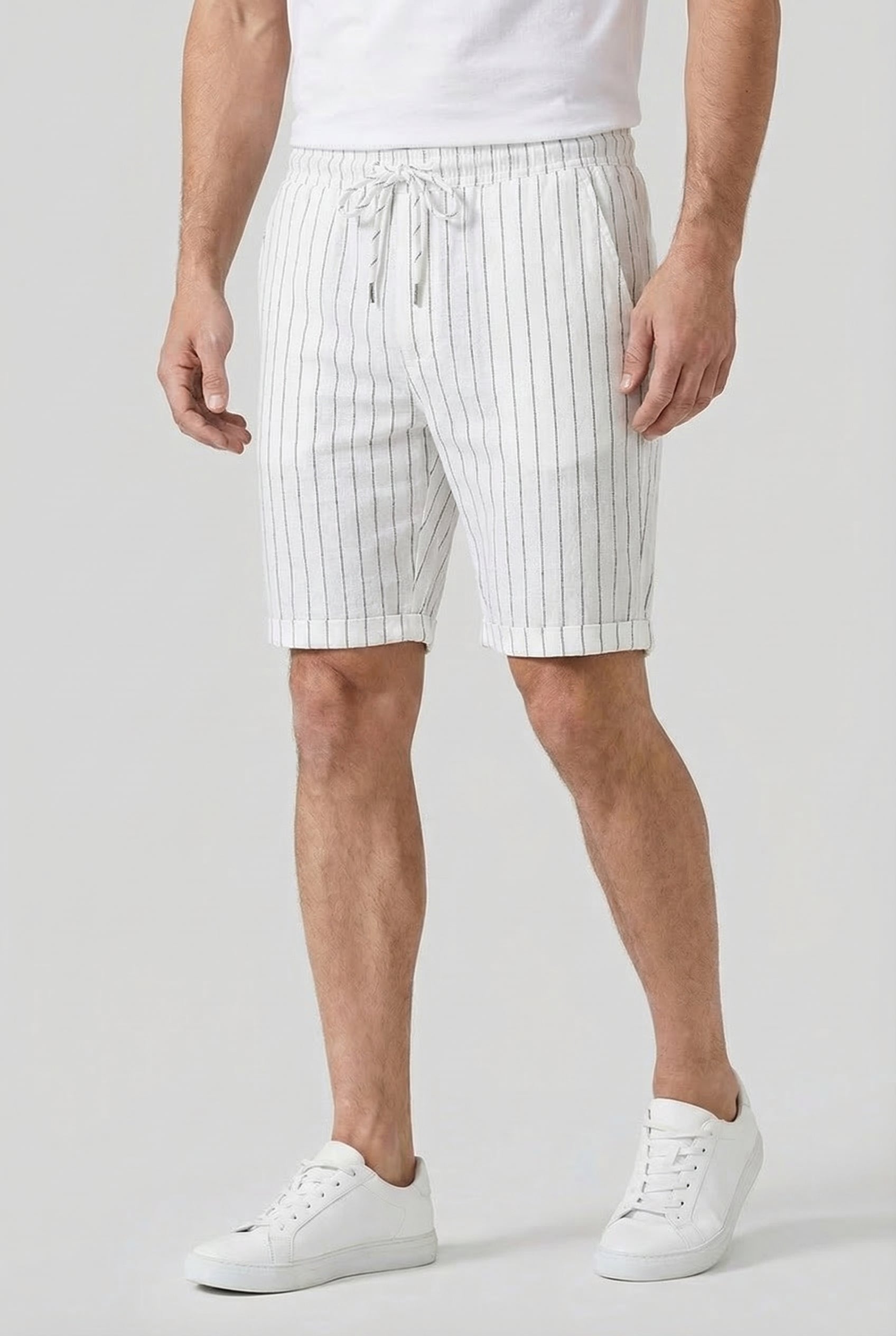 Men's Shorts Linen-Blend Fabric Pinstripe Design Adjustable Drawstring Elastic Waistband