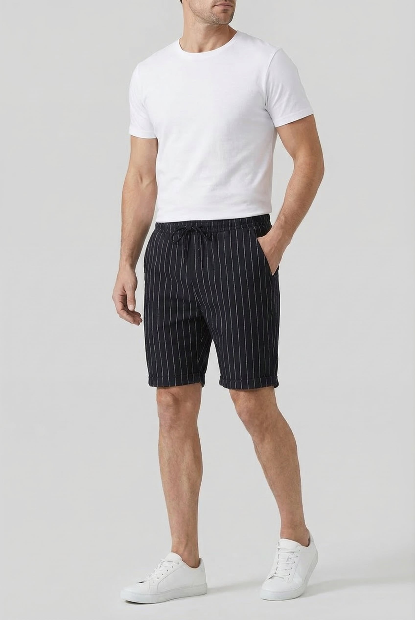 Men's Shorts Linen-Blend Fabric Pinstripe Design Adjustable Drawstring Elastic Waistband