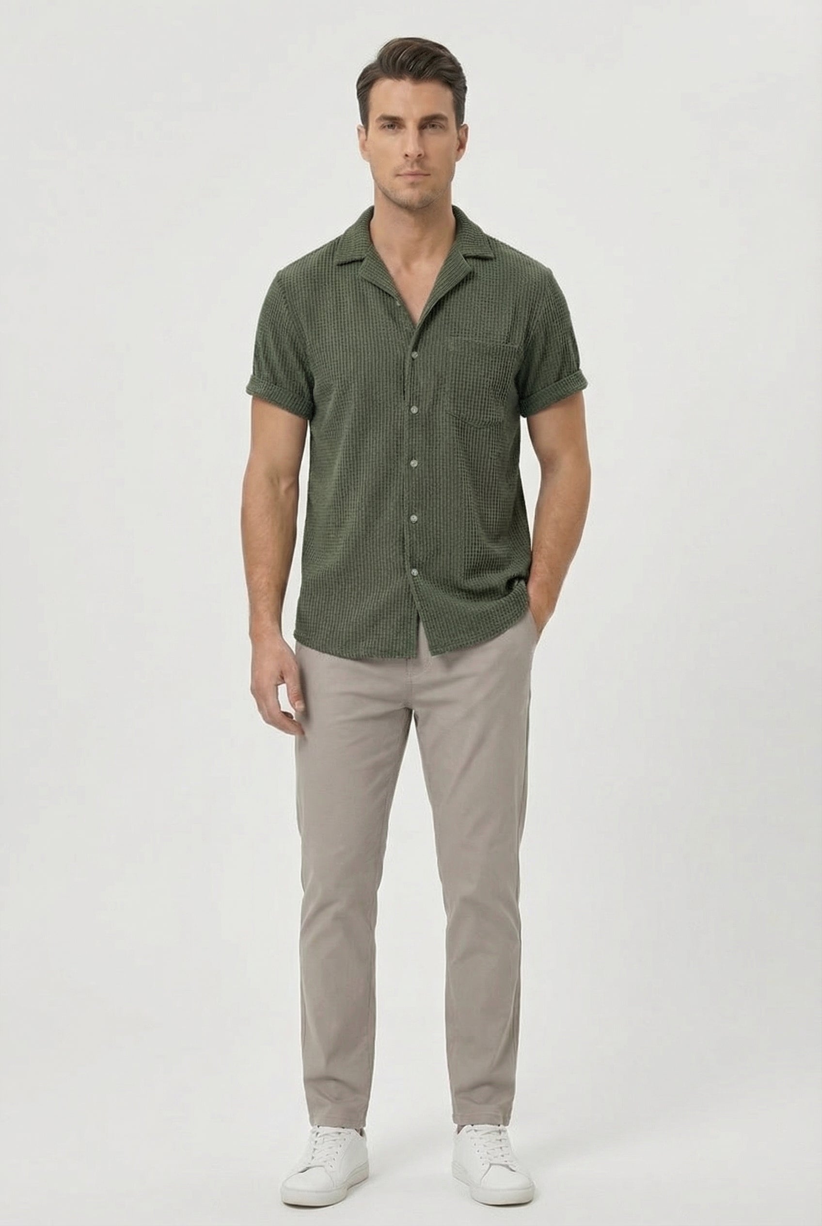 Men's Shirt Waffle Fabric Textured Design Casual Button Closure for Everyday Wear