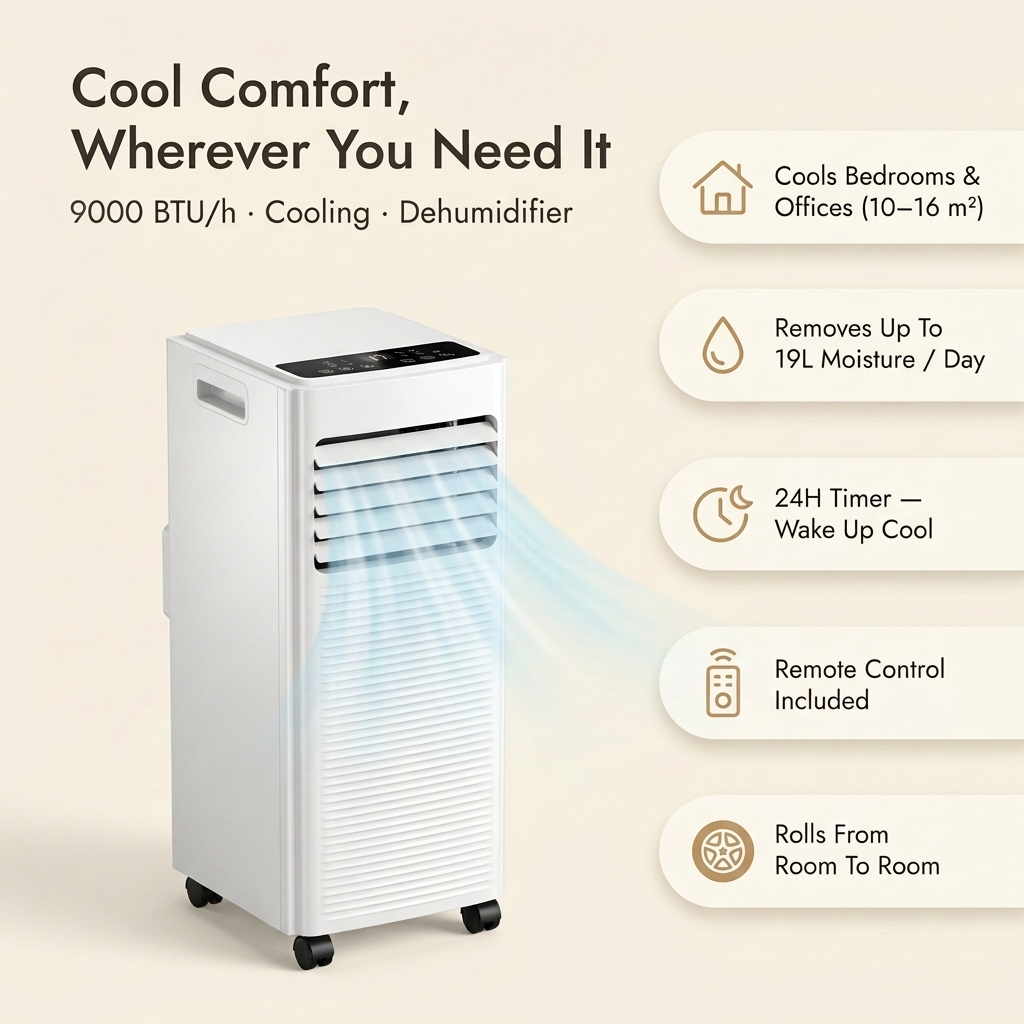Portable Air Conditioner 7000 BTU – Dehumidifier with Window Kit, No Drilling