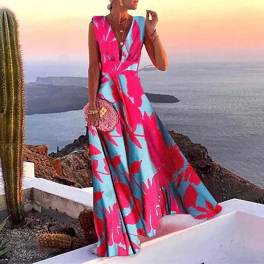 Women's Maxi Dress Floral Sleeveless Deep V-Neck Summer Casual