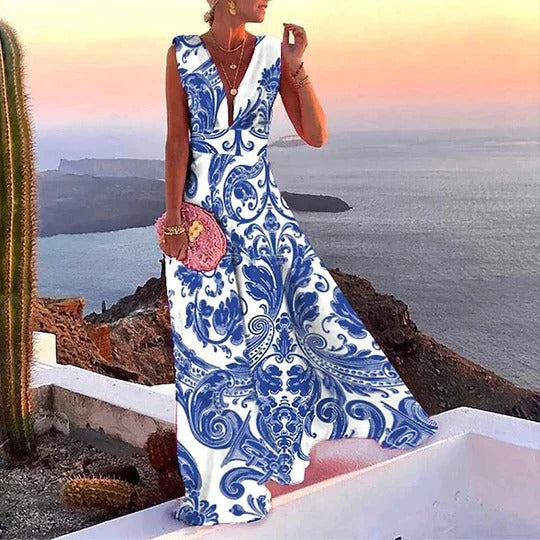 Women's Maxi Dress Floral Sleeveless Deep V-Neck Summer Casual