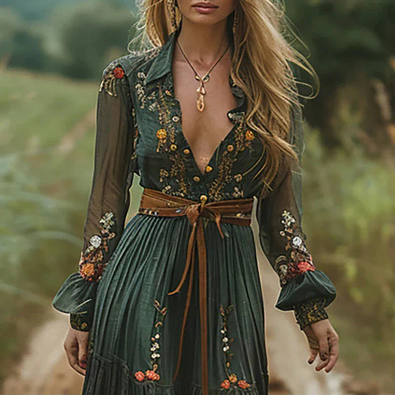 Women's Boho Maxi Dress V-Neck Embroidery Casual Summer Dress
