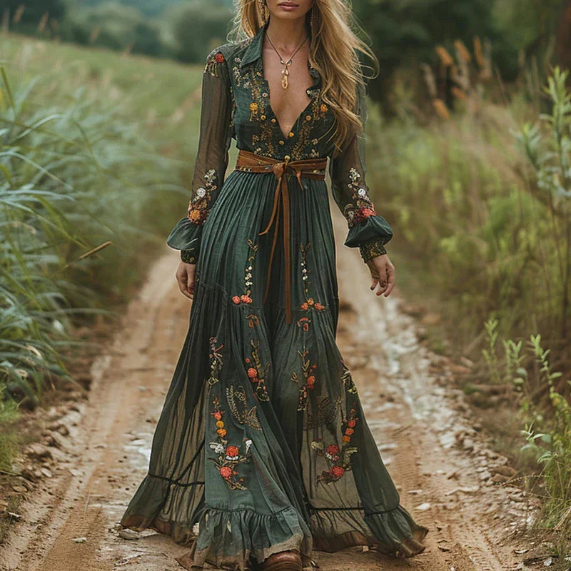 Women's Boho Maxi Dress V-Neck Embroidery Casual Summer Dress