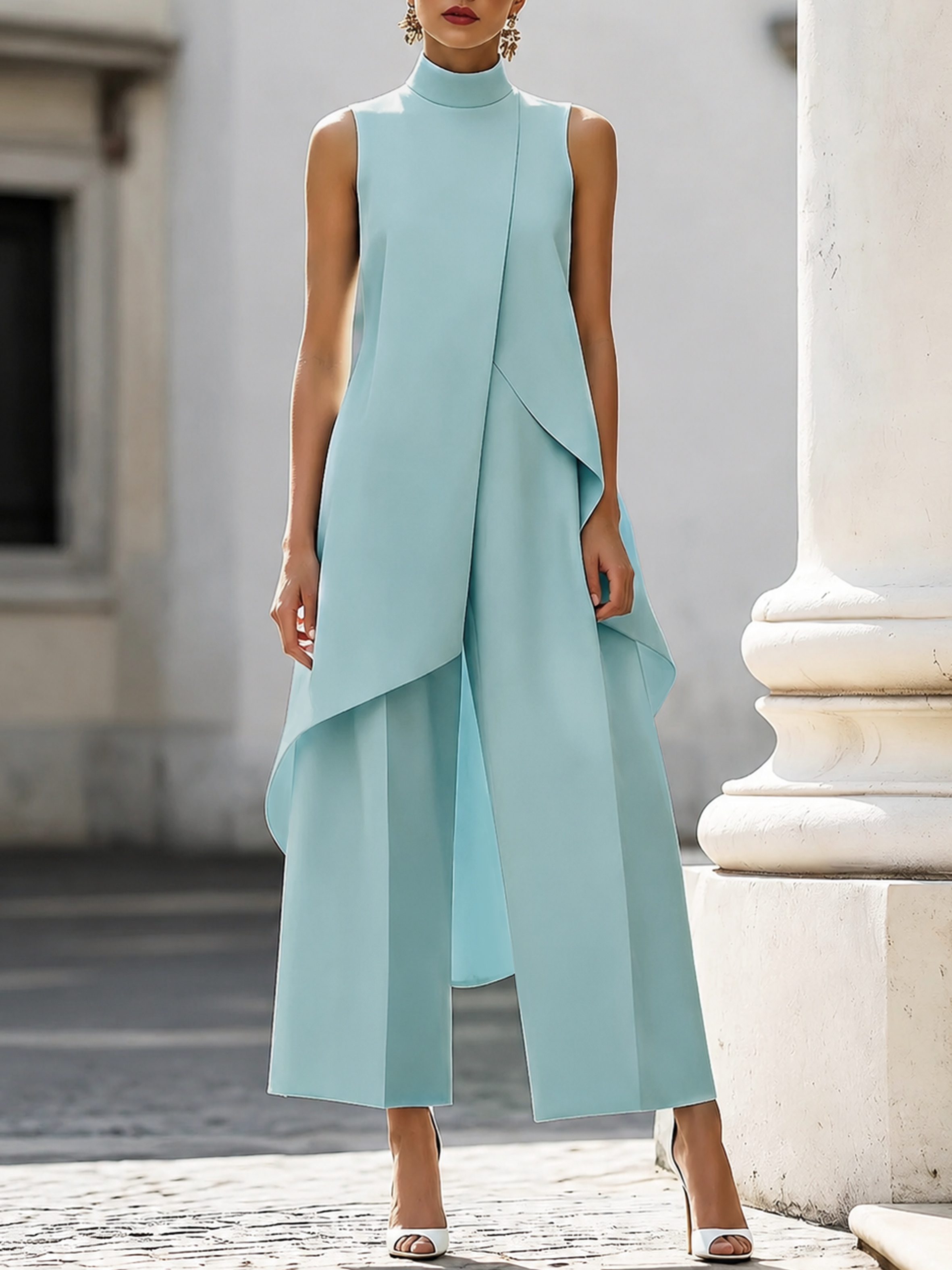 Women's Summer Top High Neck Sleeveless Two-Piece Set & Wide-Leg Pants
