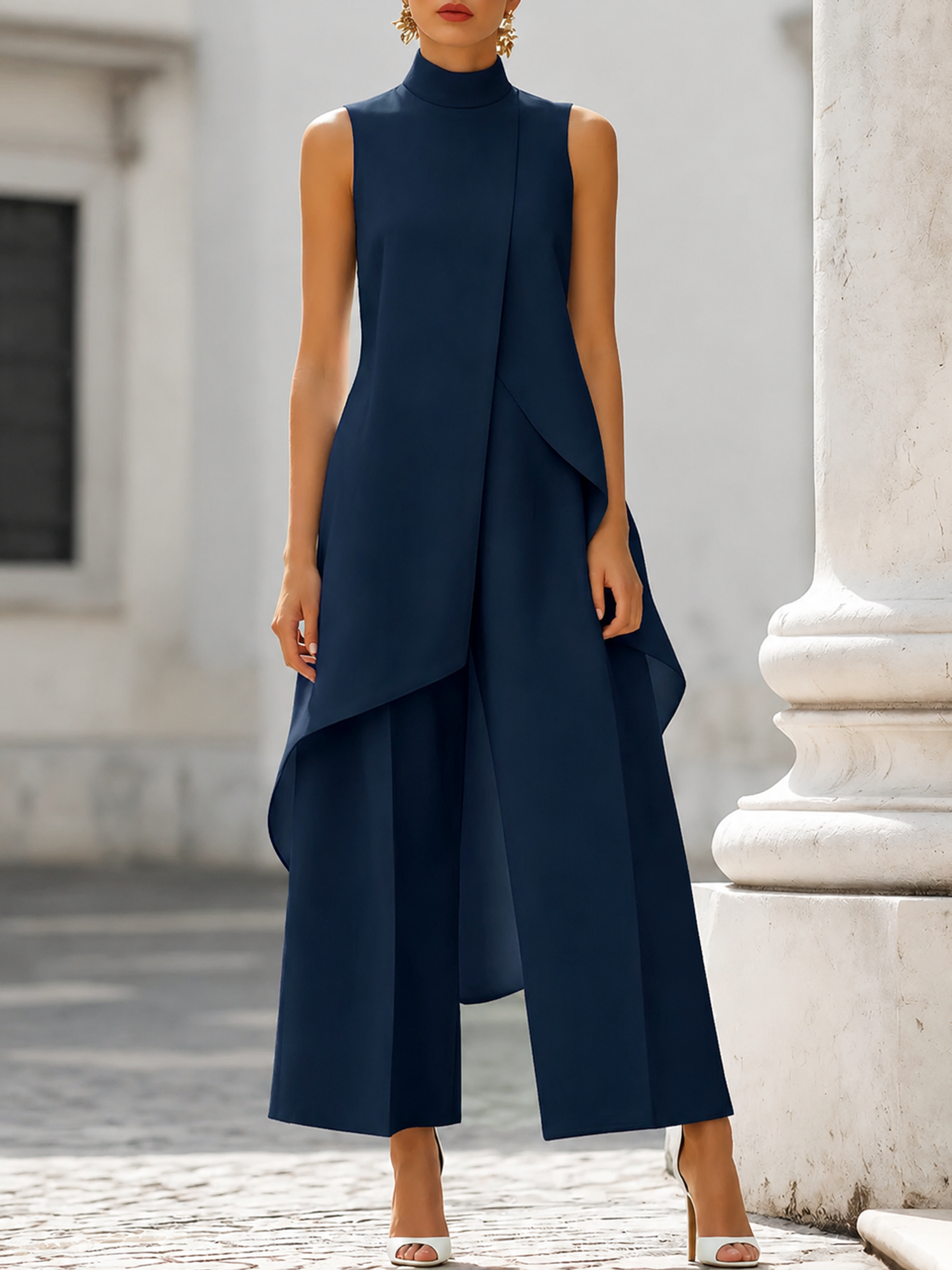 Women's Summer Top High Neck Sleeveless Two-Piece Set & Wide-Leg Pants