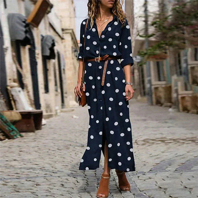 Women's Maxi Dress Long Sleeve Polka Dot Button-Down Shirt Dress