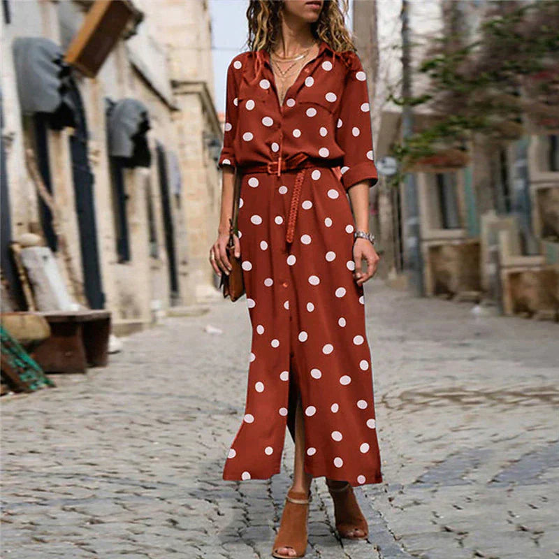 Women's Maxi Dress Long Sleeve Polka Dot Button-Down Shirt Dress