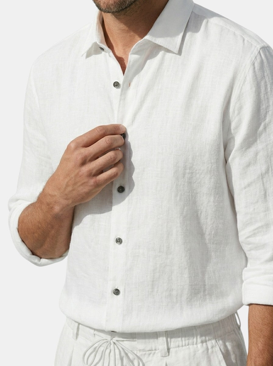Men's Linen Two-Piece Set | Breathable Long Sleeve Shirt & Drawstring Shorts Summer