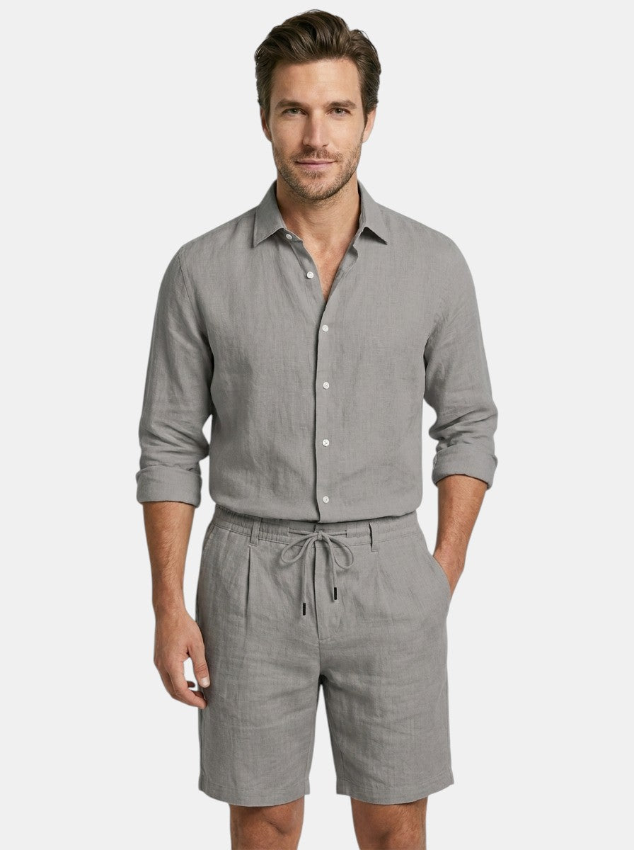 Men's Linen Two-Piece Set | Breathable Long Sleeve Shirt & Drawstring Shorts Summer