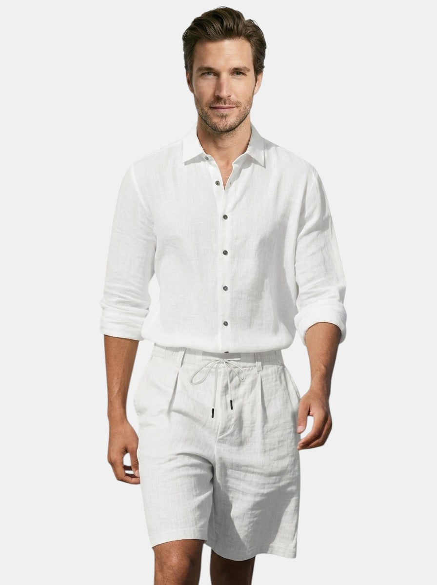Men's Linen Two-Piece Set | Breathable Long Sleeve Shirt & Drawstring Shorts Summer