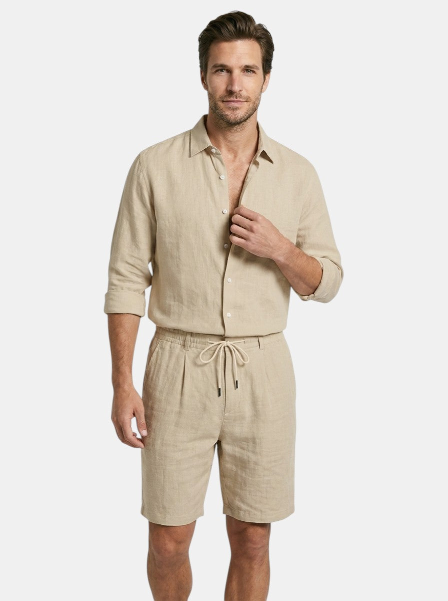 Men's Linen Two-Piece Set | Breathable Long Sleeve Shirt & Drawstring Shorts Summer