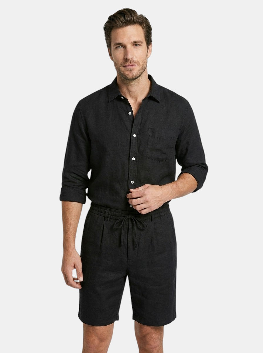 Men's Linen Two-Piece Set | Breathable Long Sleeve Shirt & Drawstring Shorts Summer