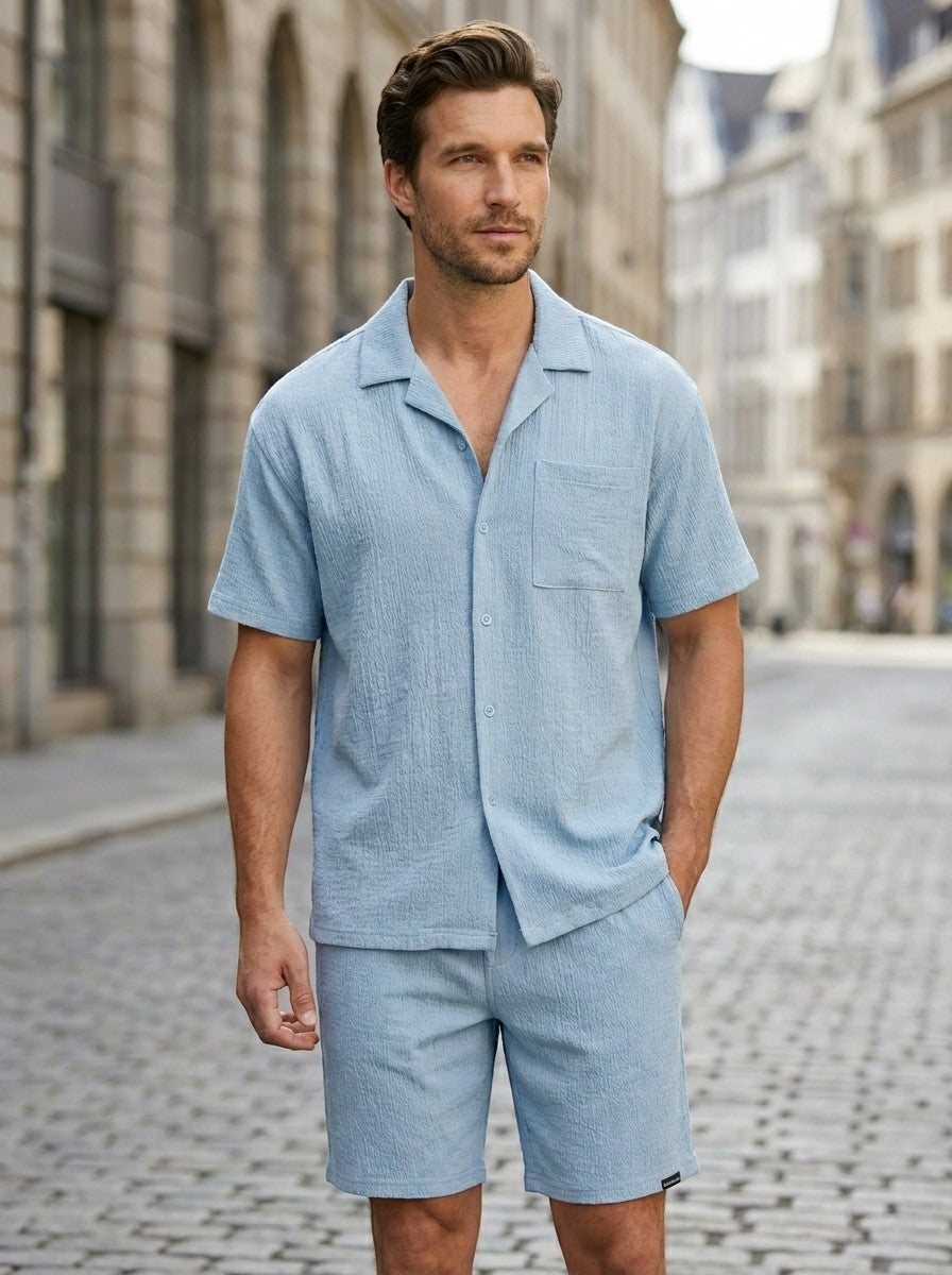 Men's Two-Piece Set | Relaxed Camp Collar Shirt & Elasticated Waist Shorts