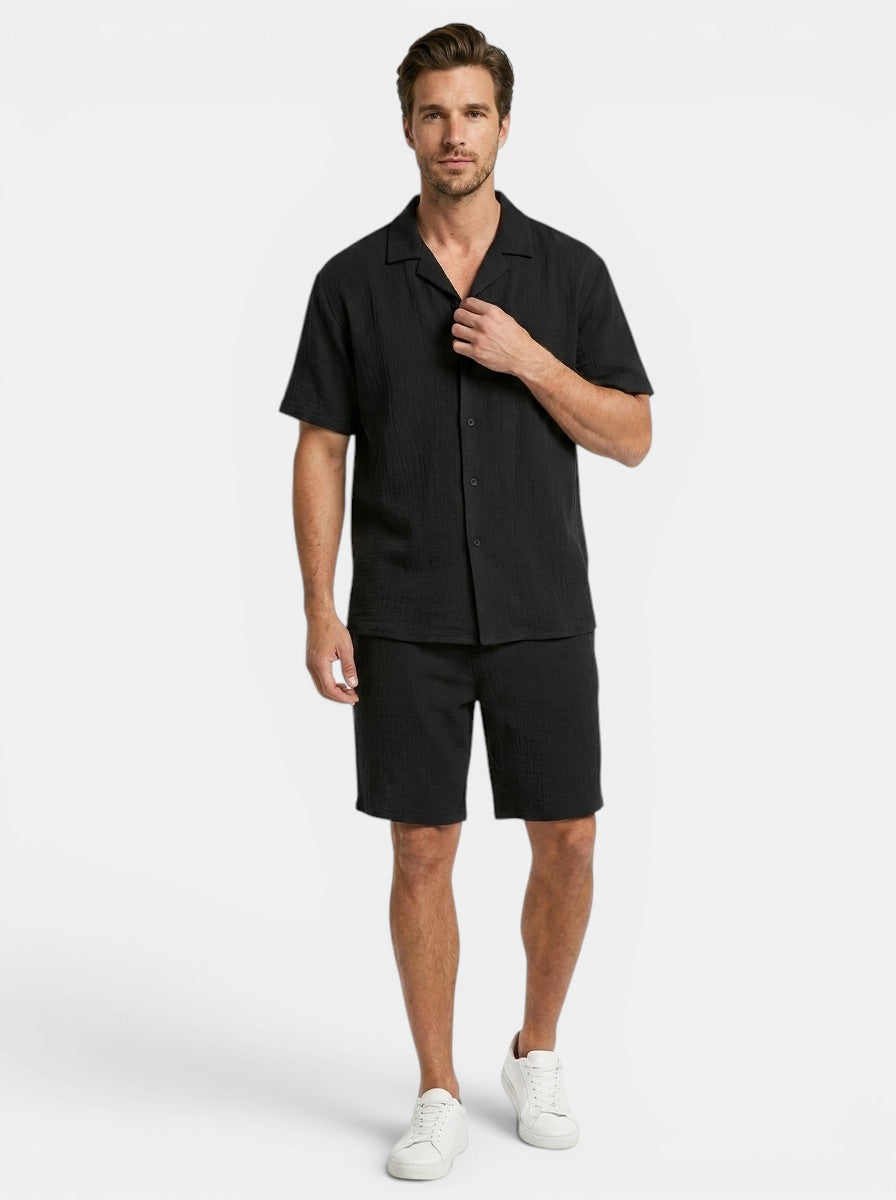 Men's Two-Piece Set | Relaxed Camp Collar Shirt & Elasticated Waist Shorts