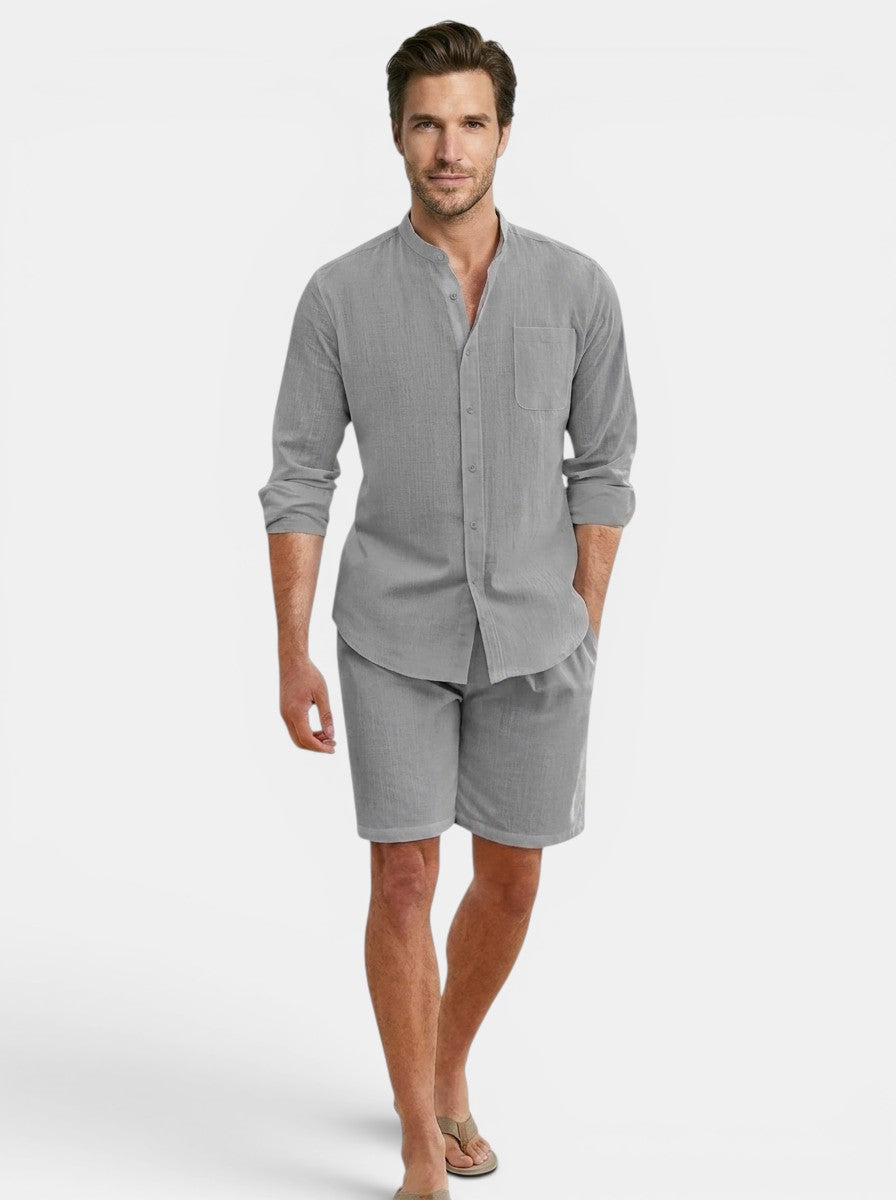Men's Lightweight Cotton Summer Set | Relaxed Fit Long Sleeve Shirt & Shorts