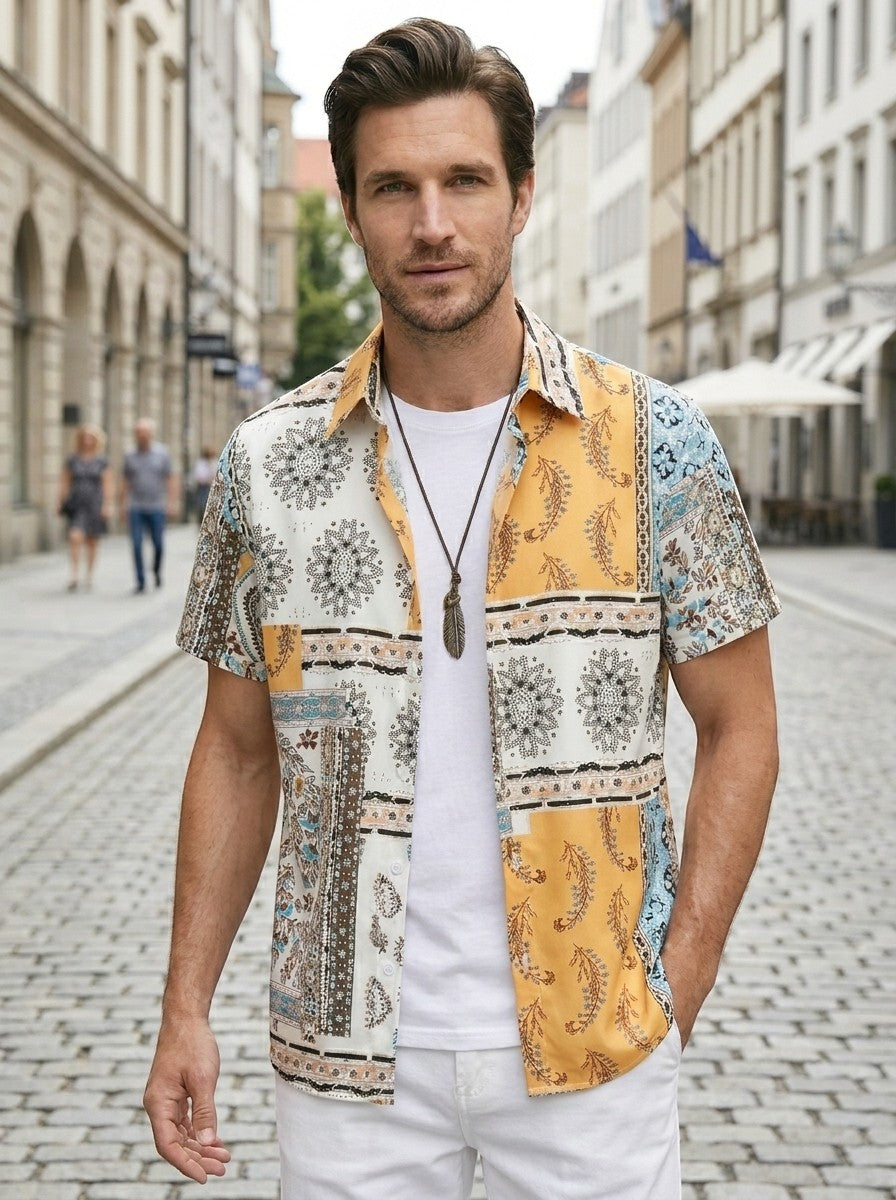 Men's Short Sleeve Mixed Print Shirt & Drawstring Shorts Set | Casual Outfit