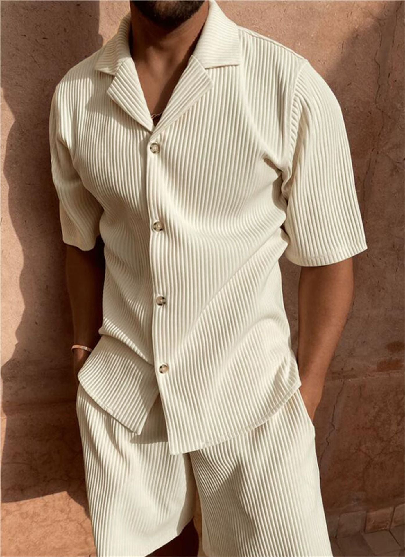 Men's Casual Two Piece Summer Set Ribbed Button Front