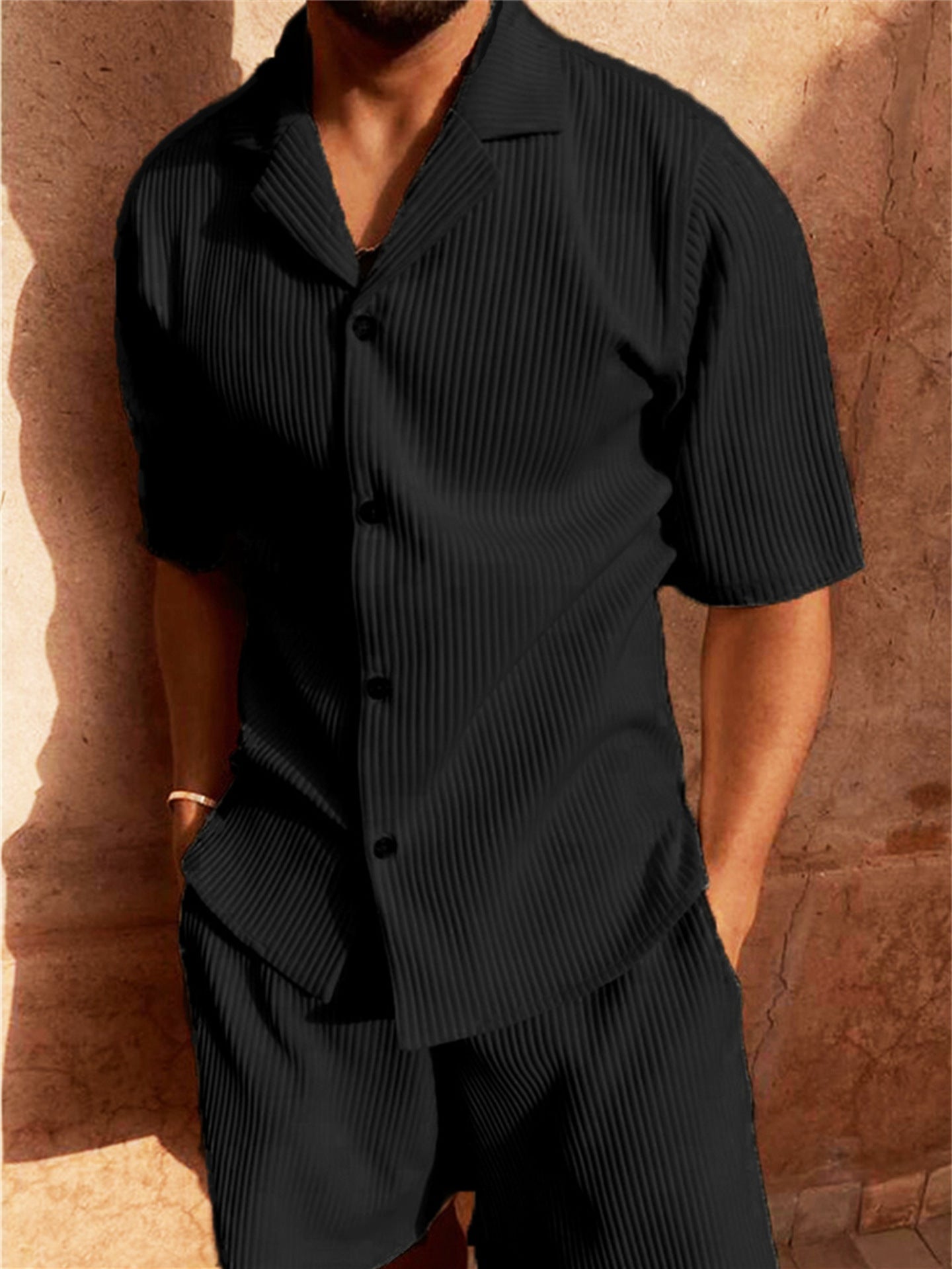 Men's Casual Two Piece Summer Set Ribbed Button Front