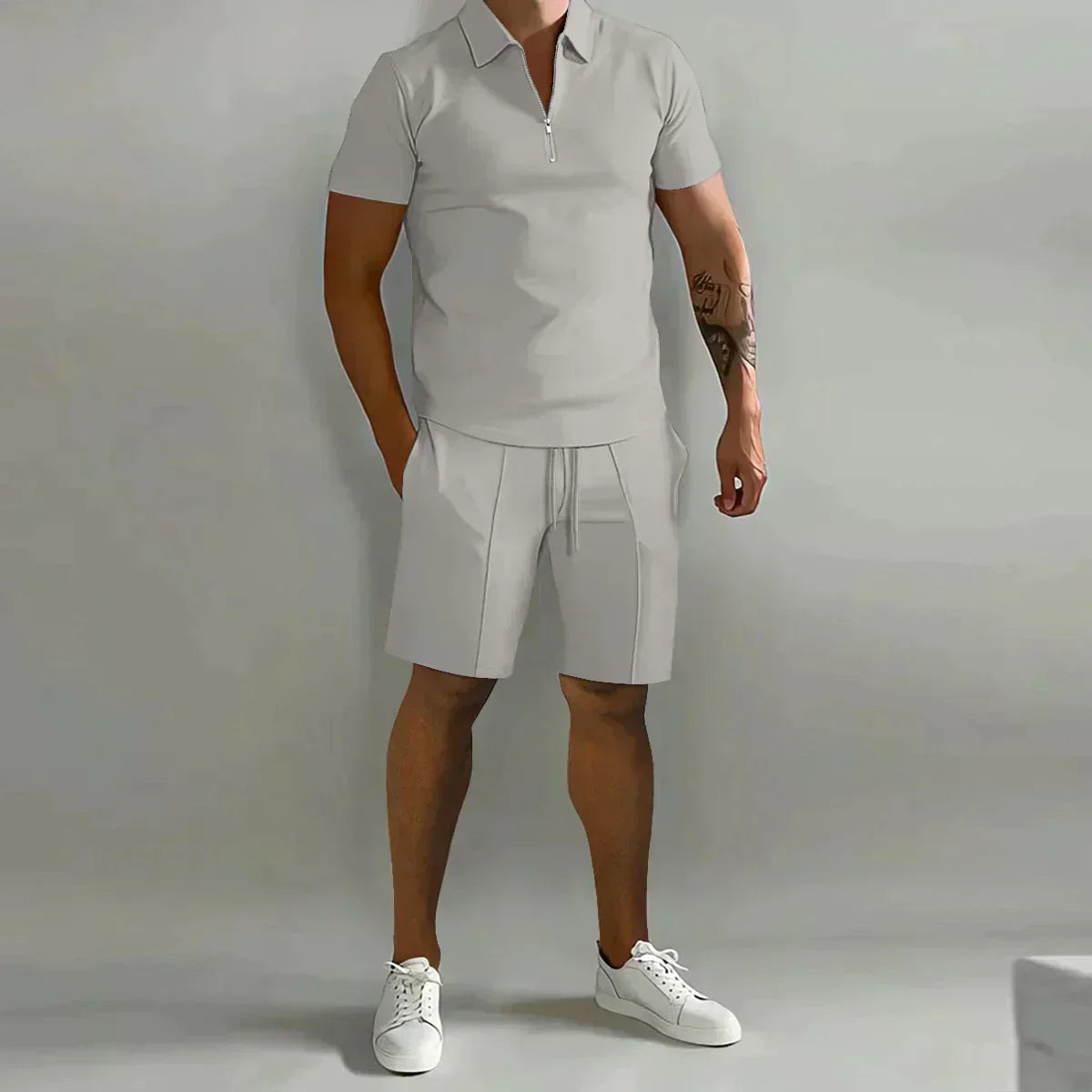Men's Casual Summer Zip Polo Two Piece Set Half-Zip Collar