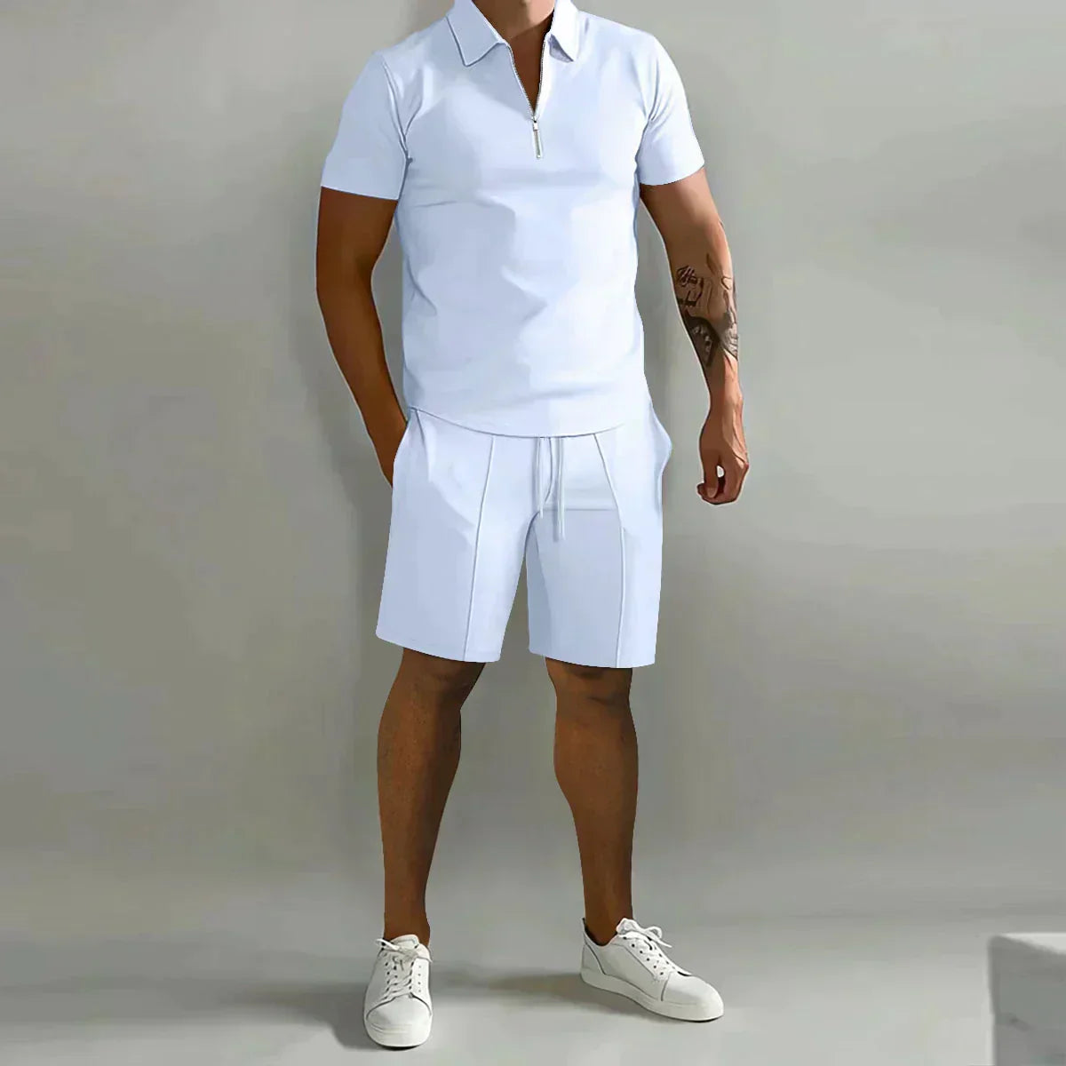 Men's Casual Summer Zip Polo Two Piece Set Half-Zip Collar