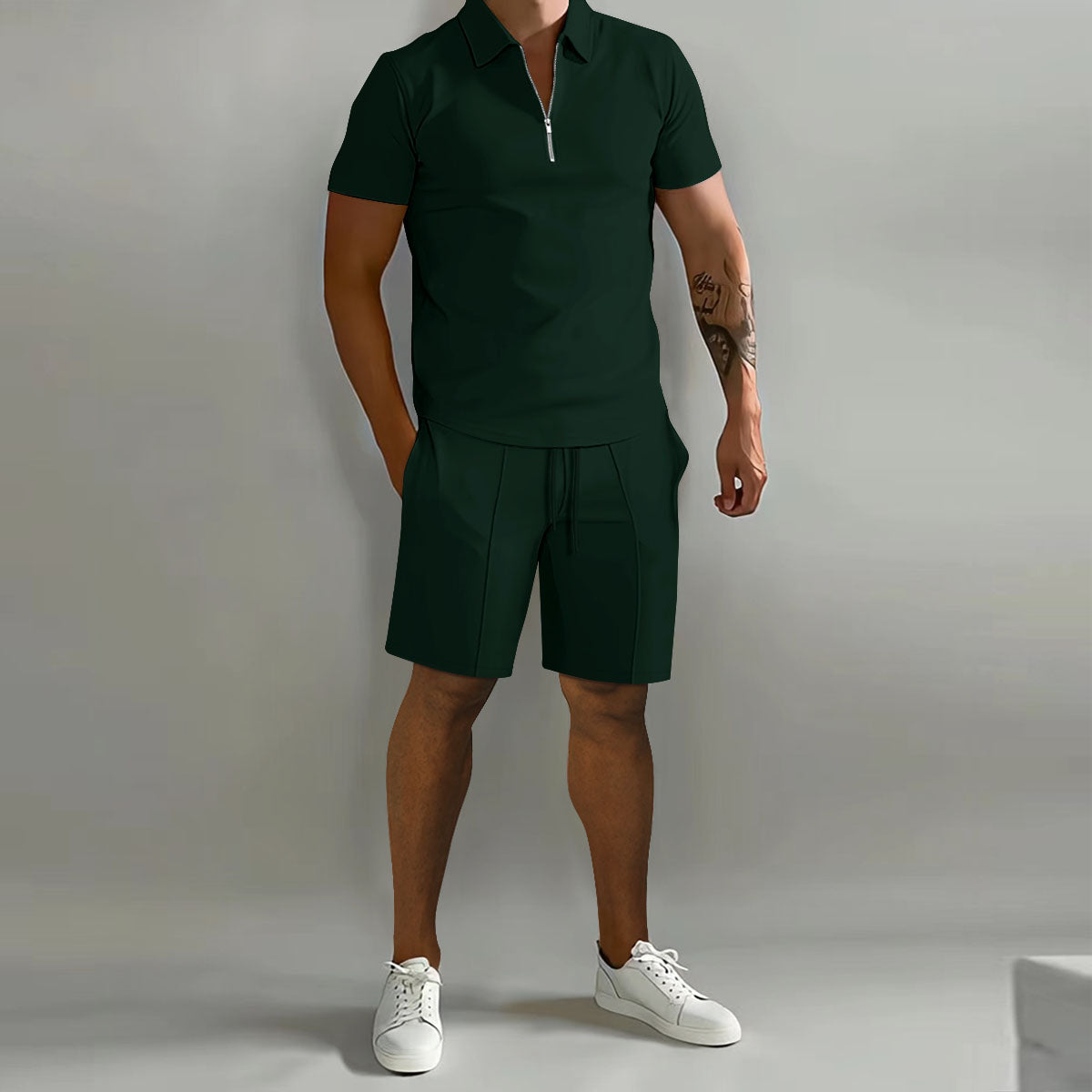 Men's Casual Summer Zip Polo Two Piece Set Half-Zip Collar
