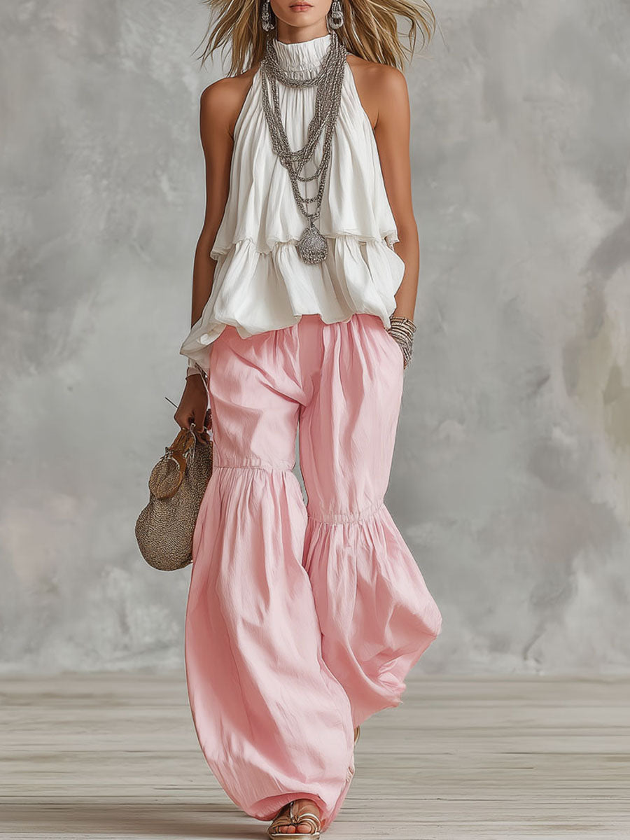 Women's Mock Neck Sleeveless Top Wide Leg Pants Set Casual Outfit