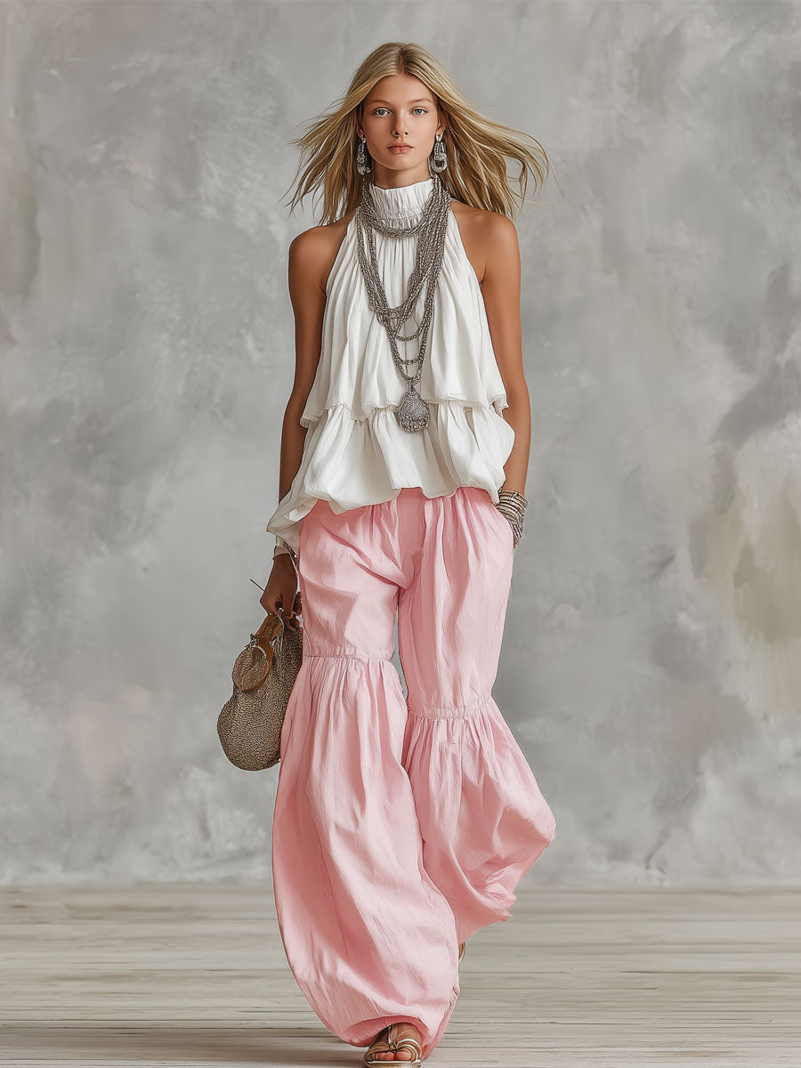 Women's Mock Neck Sleeveless Top Wide Leg Pants Set Casual Outfit