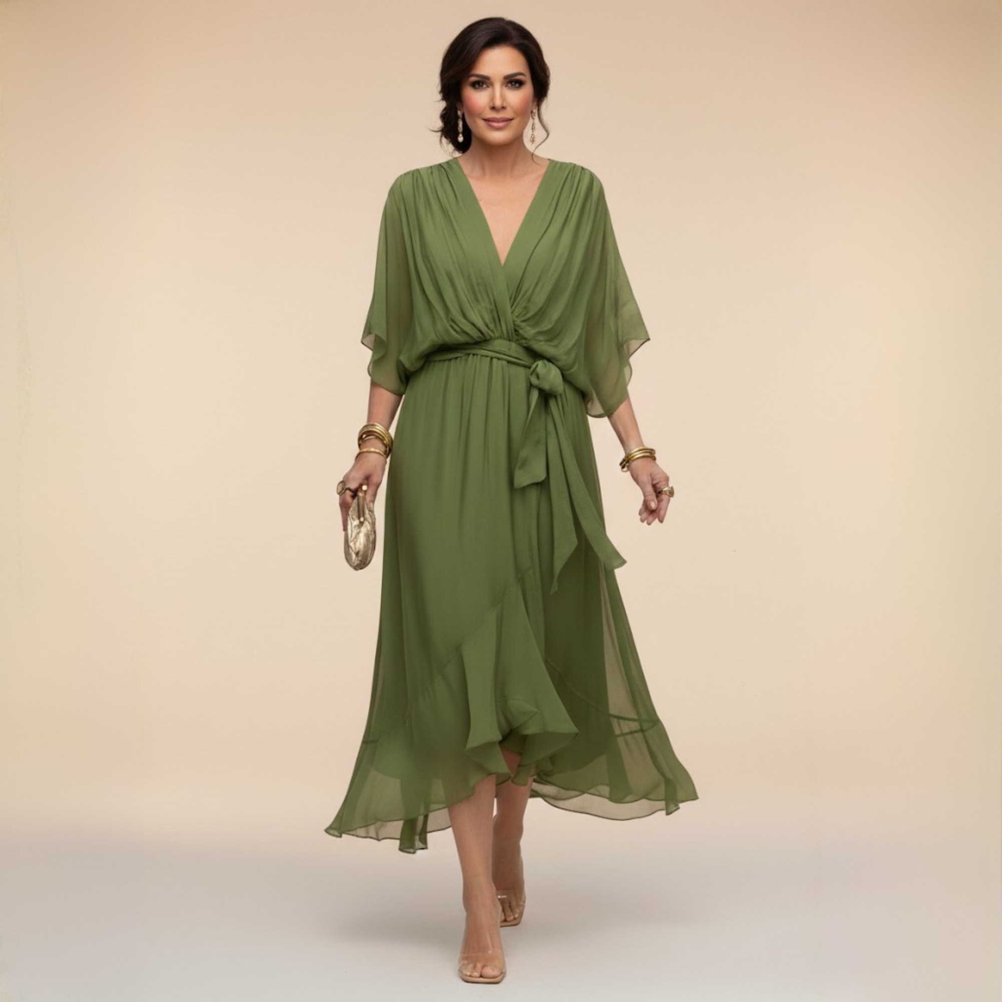 Women's Midi Dress V-Neck Wrap Design