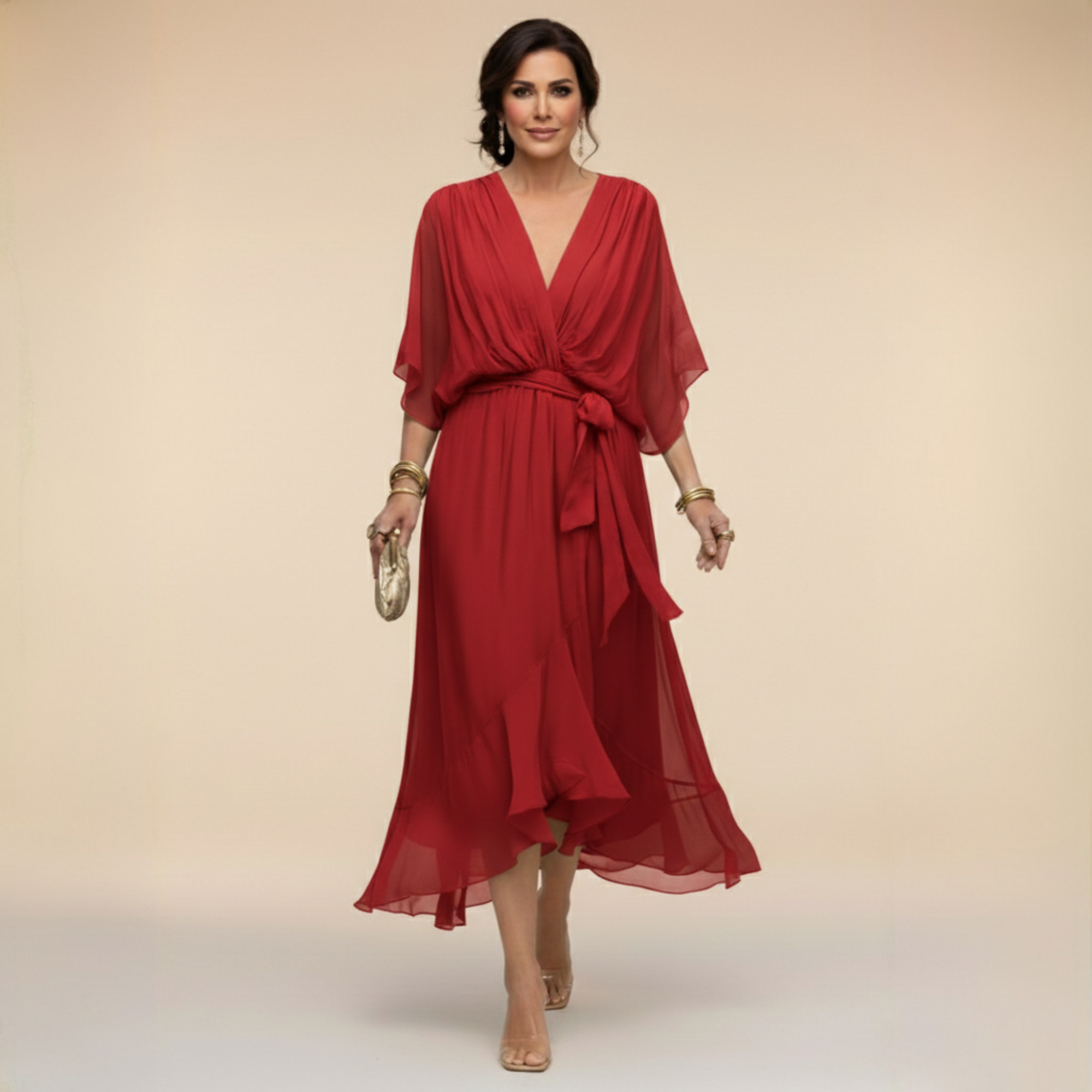Women's Midi Dress V-Neck Wrap Design